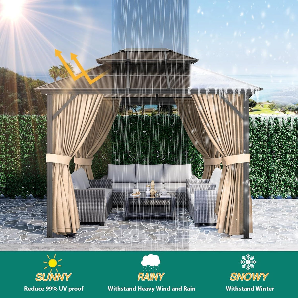PeakPursuit 10x13FT Hardtop Aluminum Pergola Gazebo – Double Polycarbonate Roof – Heavy Duty Metal Frame – Mesh Netting, Curtains, All-Weather Outdoor Pavilion for Patio, Garden, Poolside – Khaki –