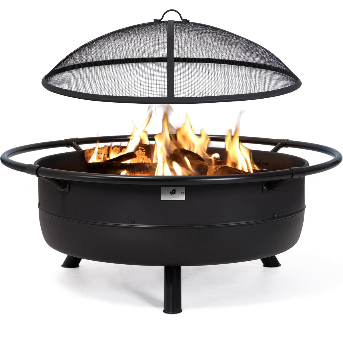 SUNCREAT 42" Outdoor Portable Fire Pit with Spark Screen, Fire Poker, Wood Burning Patio Fire Pits with Protective Ring, Black