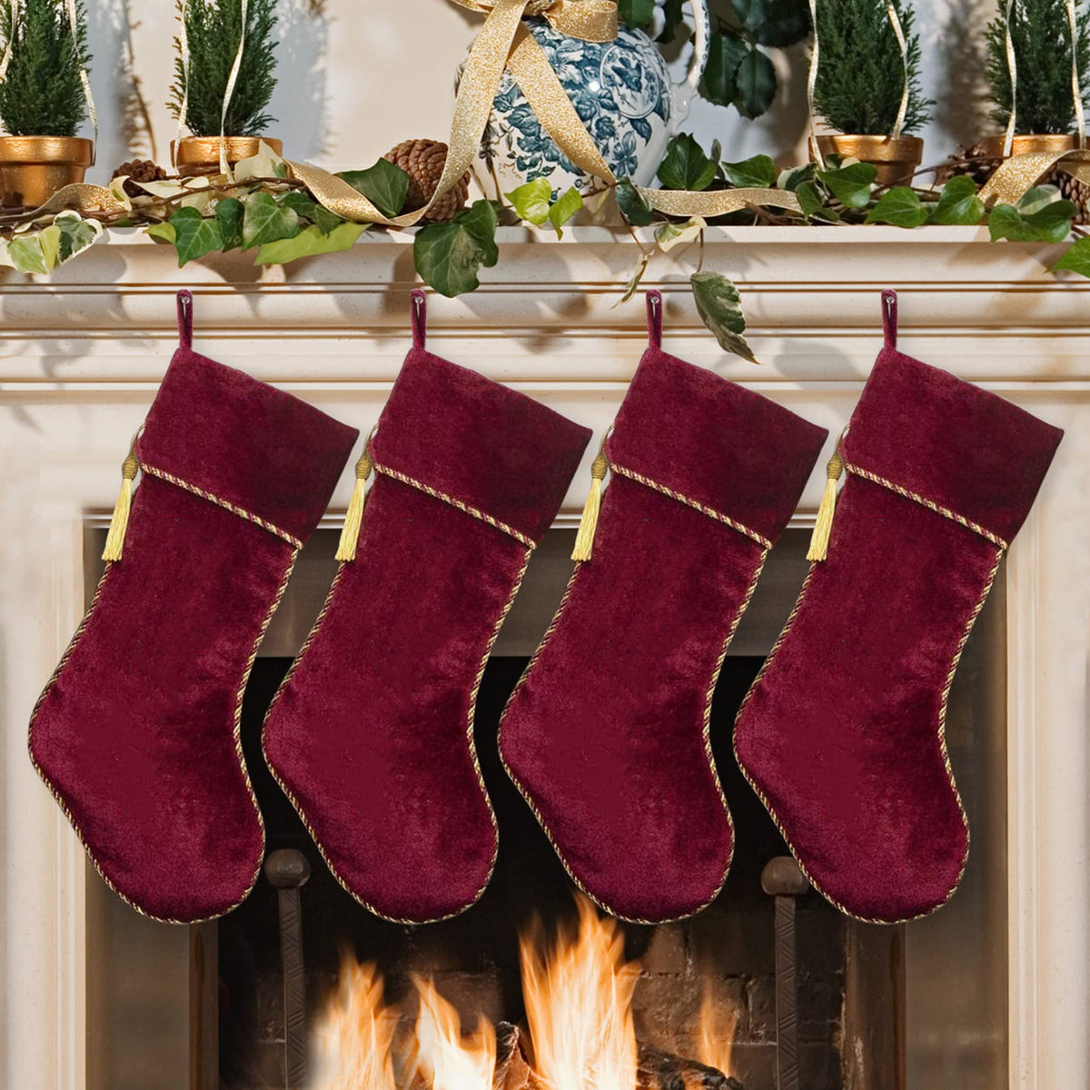 Ugiftcorner Red Christmas Stockings 4 Pack Velvet Christmas Stockings with Gold Tassel Decorations for Fireplace Holiday Party