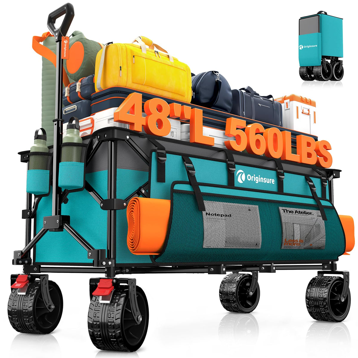 48" L Collapsible Beach Wagon Cart Foldable, 560LB Weight Capacity 300L Heavy Duty Folding Wagons with Big All-Terrain Wheels, Utility Carts for Groceries, Shopping, Camping, Sports - Grey&Turquoise