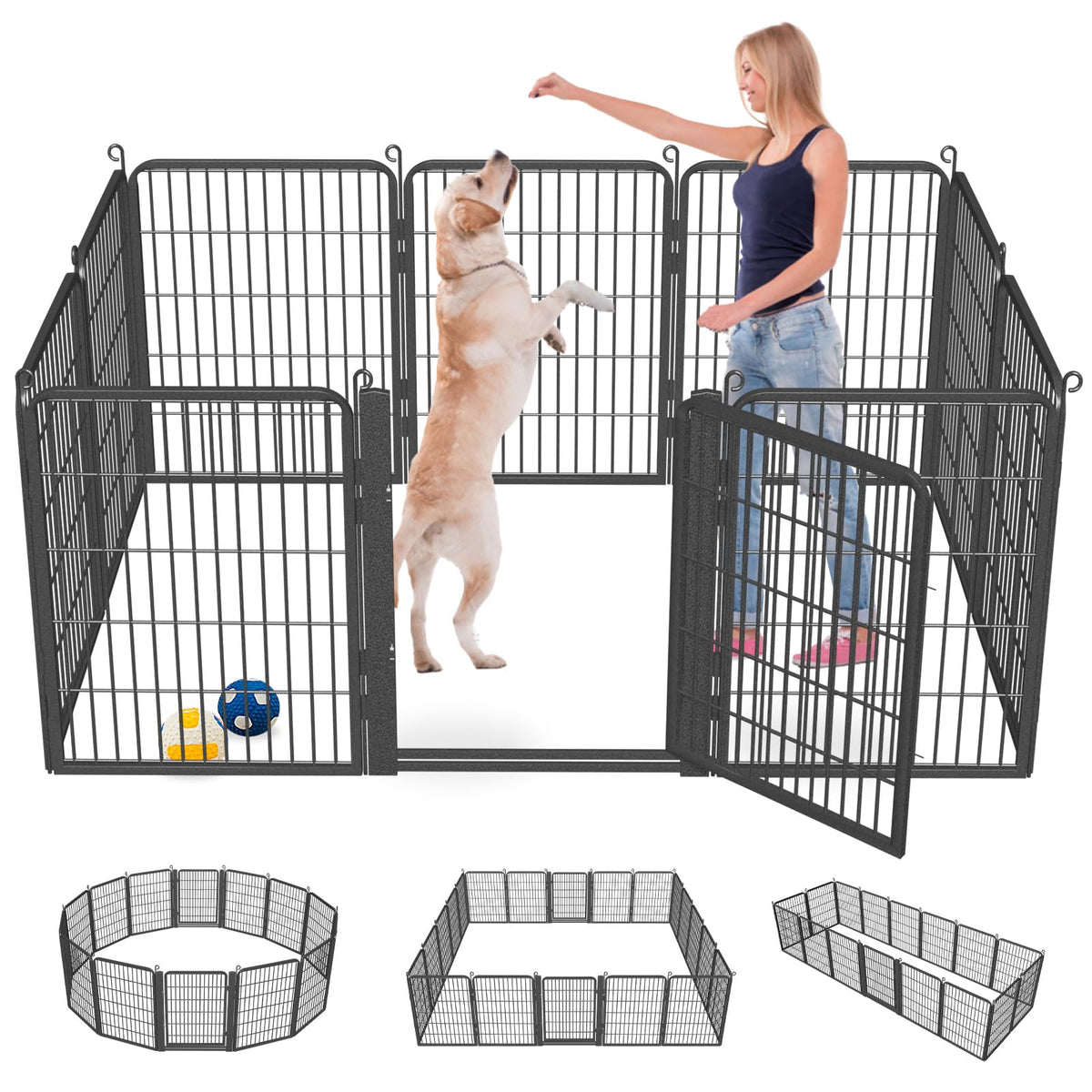 1R2P3I Dog Playpen Outdoor with Low Threshold Gate, 32 inch 10 Panels Dog Play Pen Indoors, Heavy Duty Metal Puppy Playpen Dogs Pen, Rust-Resistant Pet Playpens for Yard RV Camping