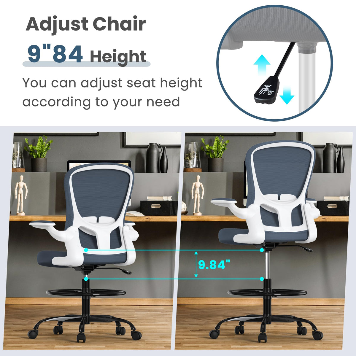 Drafting Chair, Tall Office Chair with Flip-up Armrests Executive Ergonomic Computer Standing Desk Chair, Office Drafting Chair with Lumbar Support and Adjustable Footrest Ring