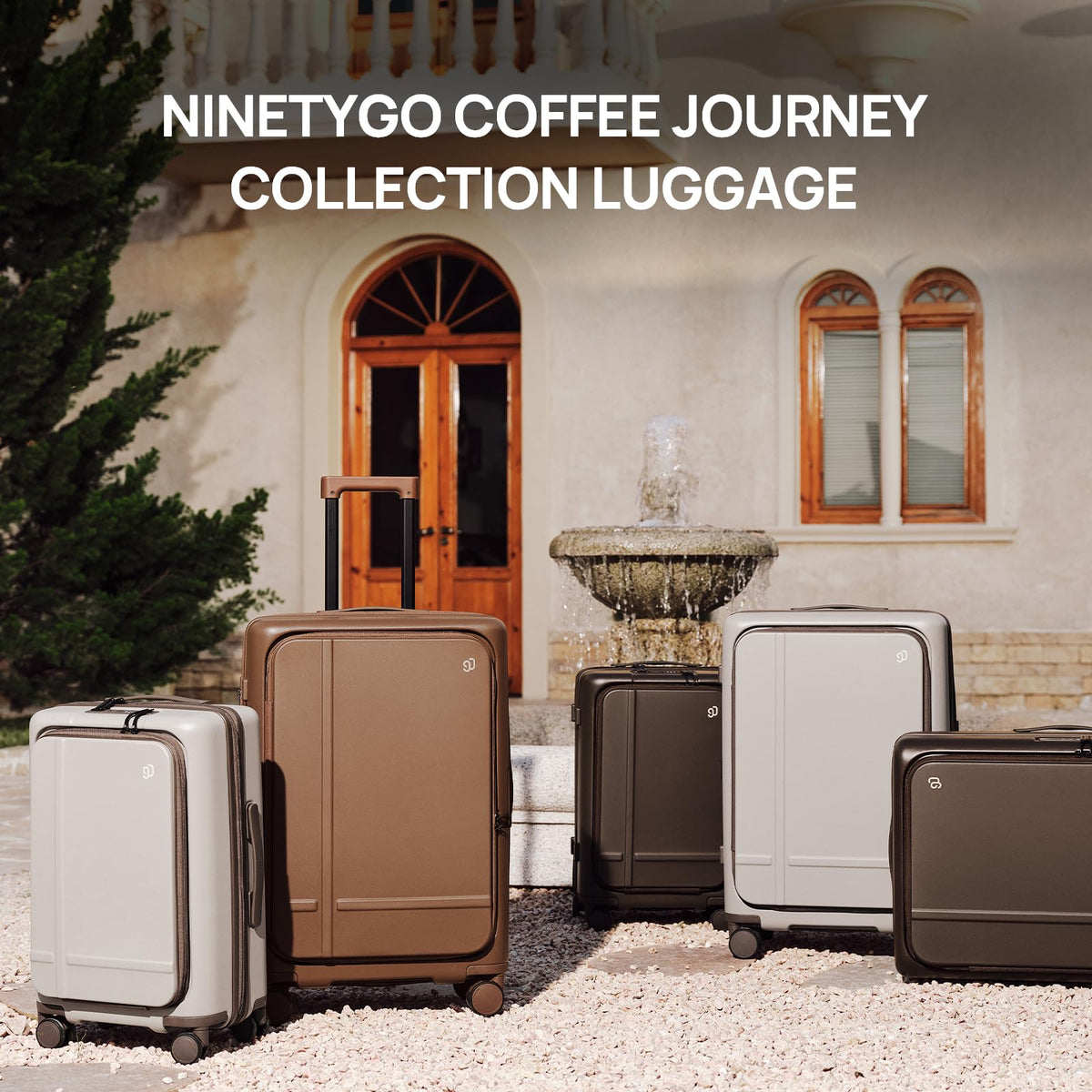 NINETYGO Medium Checked Luggage 25 Inch, Flat Top Opening Check In Luggage with Cup Holder, Expandable, Coffee-Infused PC Hard Shell, Eco-Friendly, TSA Lock, 360° Spinner Wheels (Americano)