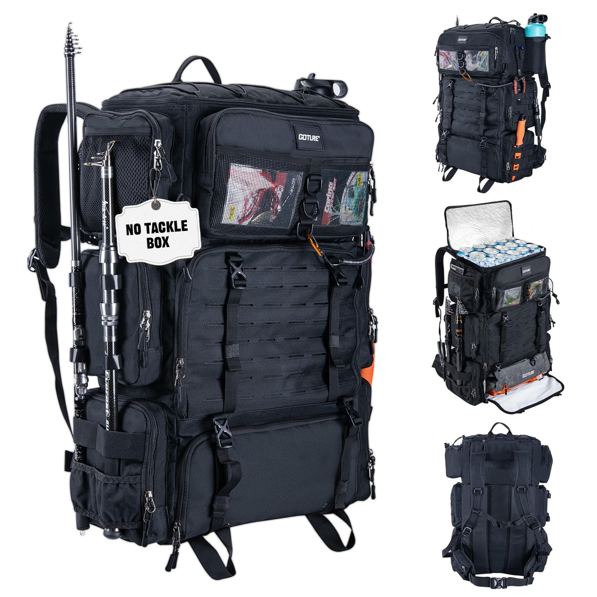 Goture Fishing Backpack with Cooler,72L Large 600D Tackle Backpack with Rod Holders,Dry & Wet Split Compartment,Adjustable Main Compartment,Rain Cover,Insulated Tactical Bag for Travel Camping Hiking
