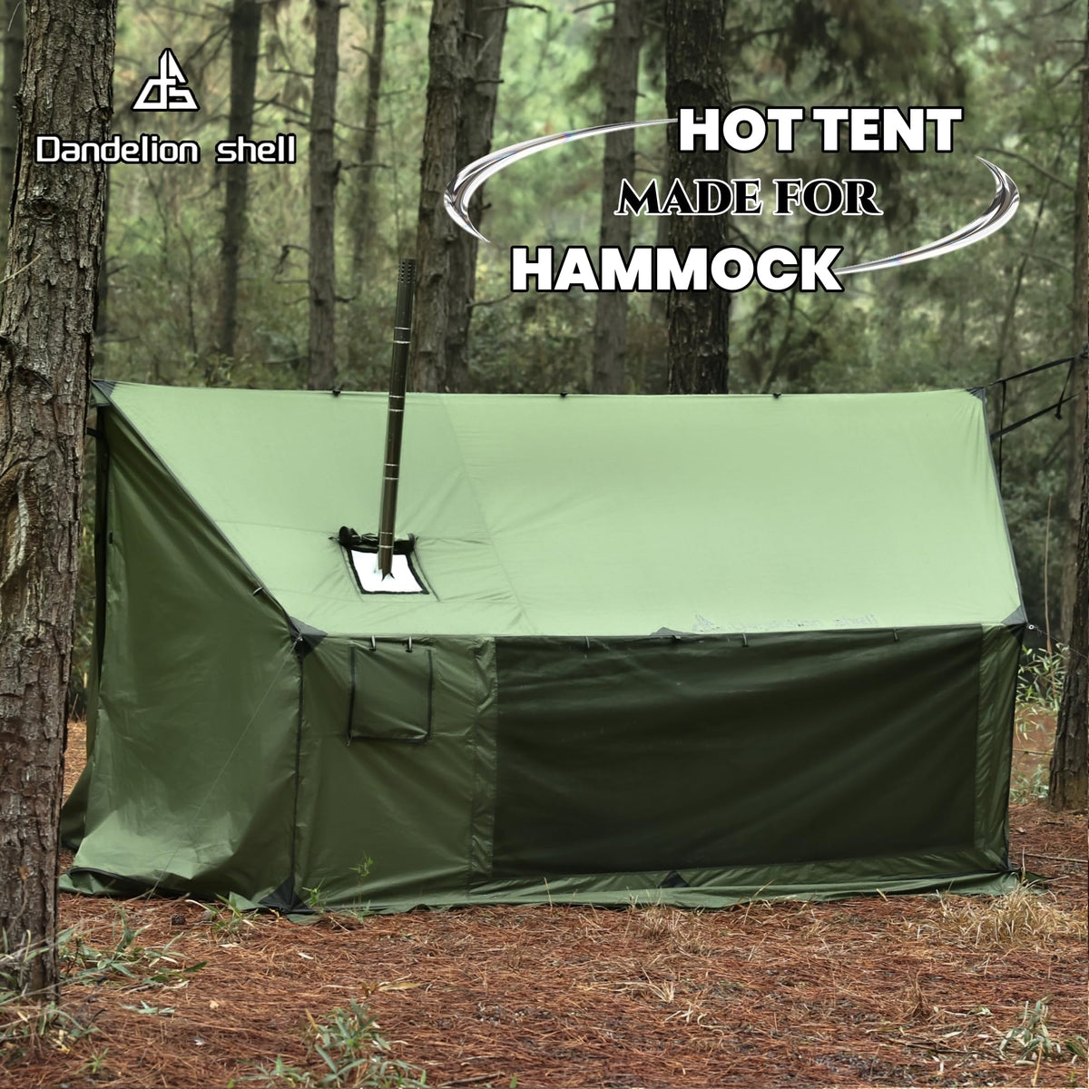 Dandelion Shell Hammock Hot Tent with Stove Jack and Double-Sided mesh Windows - Spacious, Versatile Wall Tent with Snow Skirt(No Poles)-Green Waterproof & Windproof, Ideal for Camping, Backpacking
