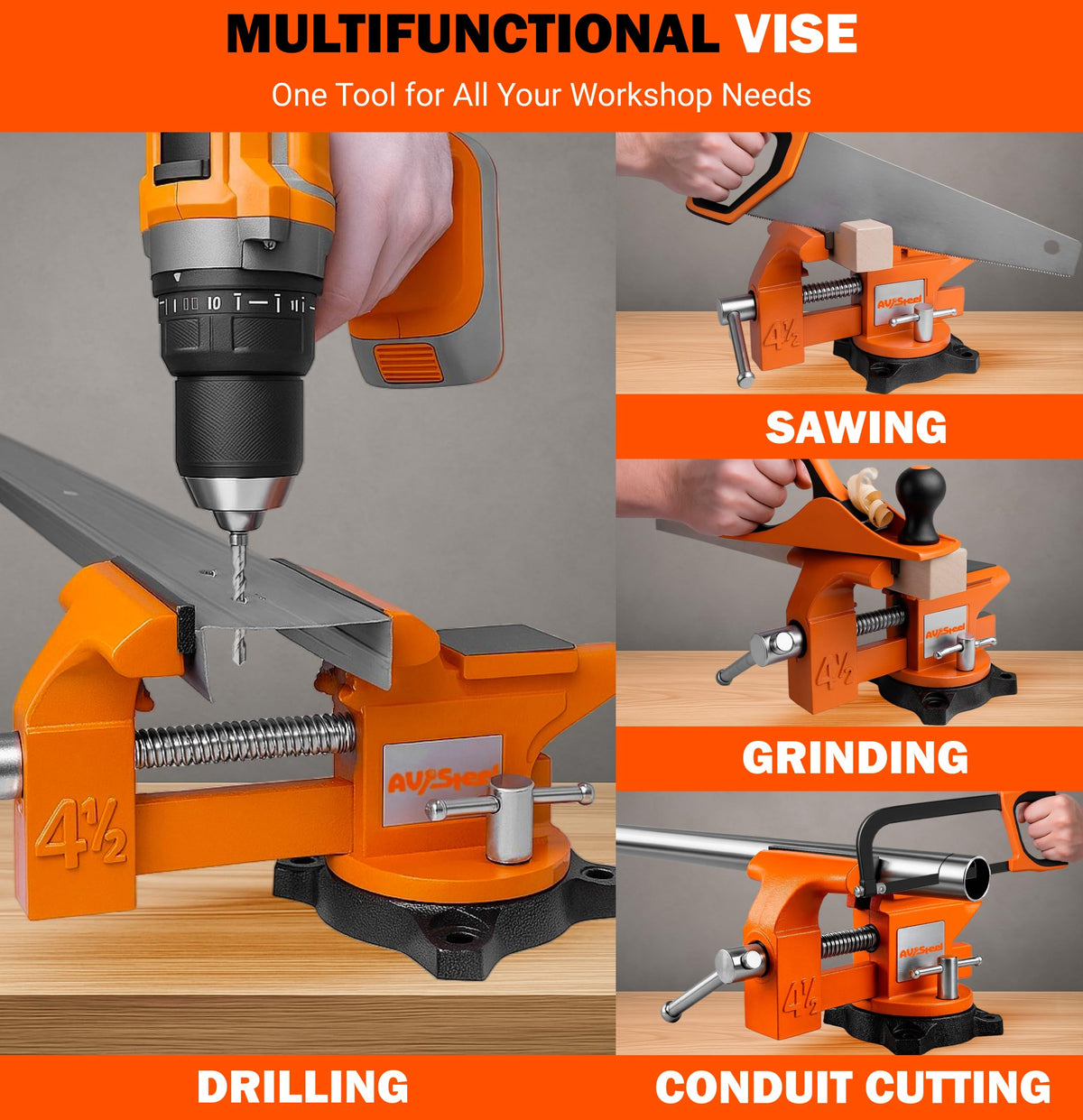 AV Steel 4-1/2" Bench Vise with 240° Flexible Swivel Locking Base and Anvil, High-Strength Multi-Purpose Workbench Vise Heavy-Duty, Cast Iron Workbench for Woodworking, Drilling, Pipe Cutting