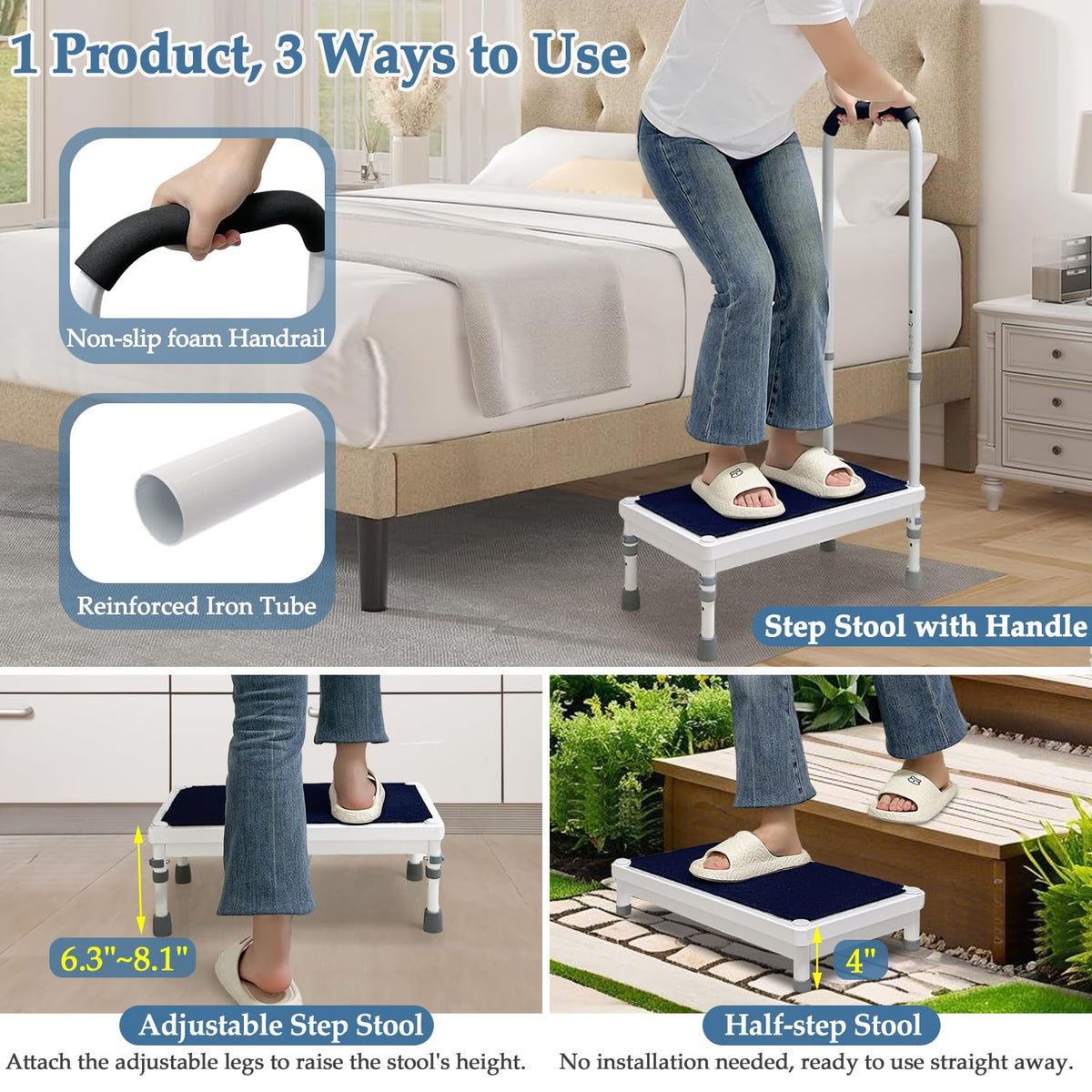 Bedside Step Stool with Handle for High Beds, 400lb Heavy Duty Bed Steps for Seniors & Adults, Non-Slip Wide Platform Medical Stepping Stool with Padded Handrail, SUV & Bathroom Assist (21.65-Stool)