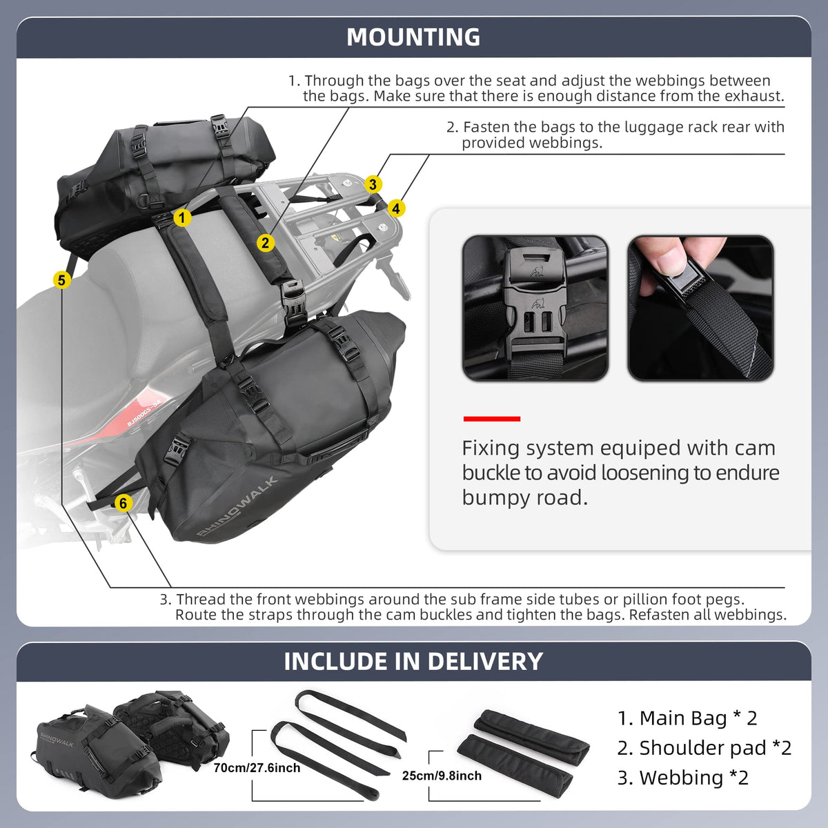 Rhinowalk Motorcycle Saddle Bags Waterproof Motorbike Panniers Tail Side Bag Motor Powersports Luggage for Most Motorcycles Adventure Travel Long Rides, 18L (9L*2), Black 1 Pair
