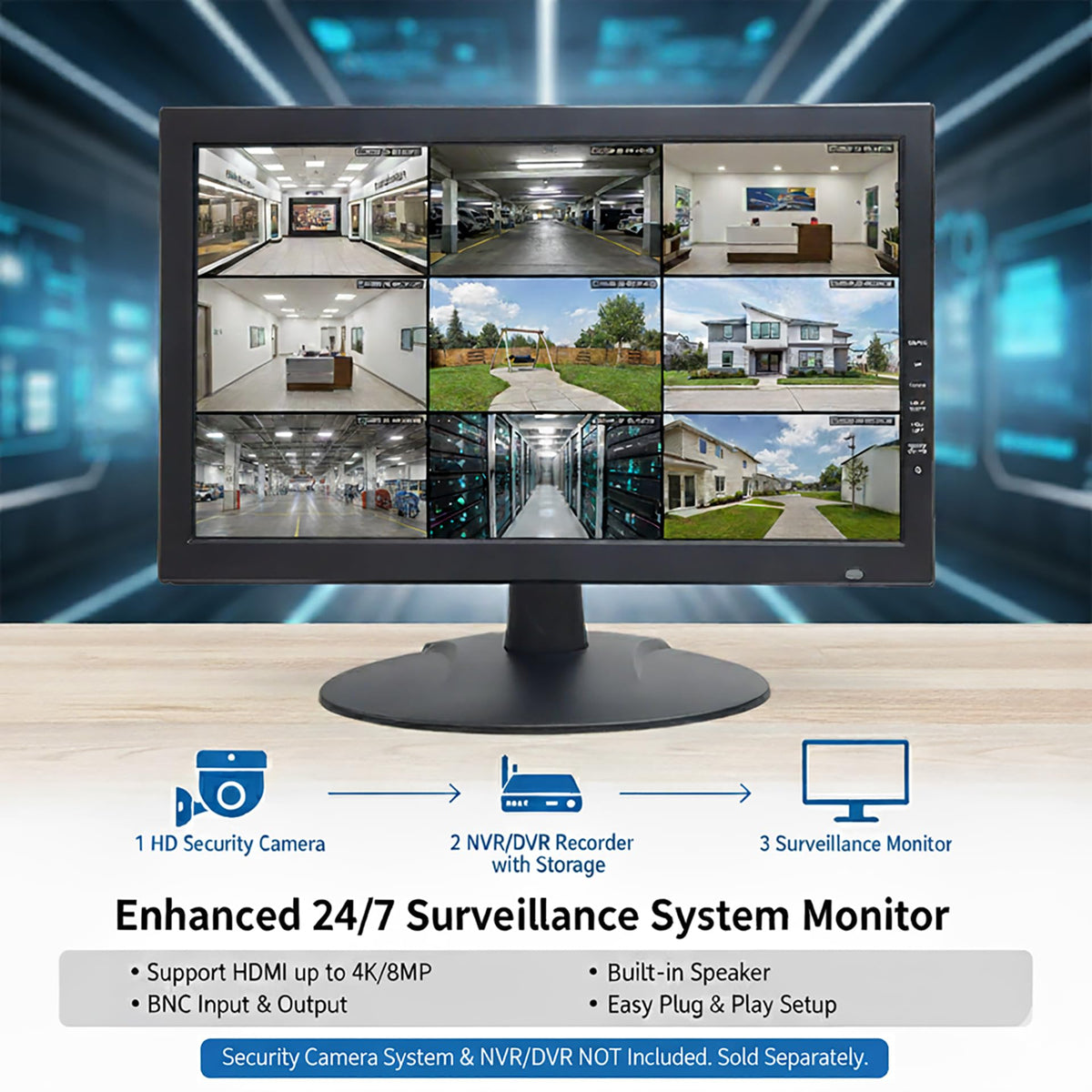 1stPV Precision 18.5" Scaled 4K Security LED Monitor, Super Sampling Anti-Aliasing (SSAA) for Ultra-Smooth, Pixel-Perfect Detail, HDMI Scaled 4K/8MP, BNC In/Out, VGA, Ideal for DVR 24/7 Surveillance