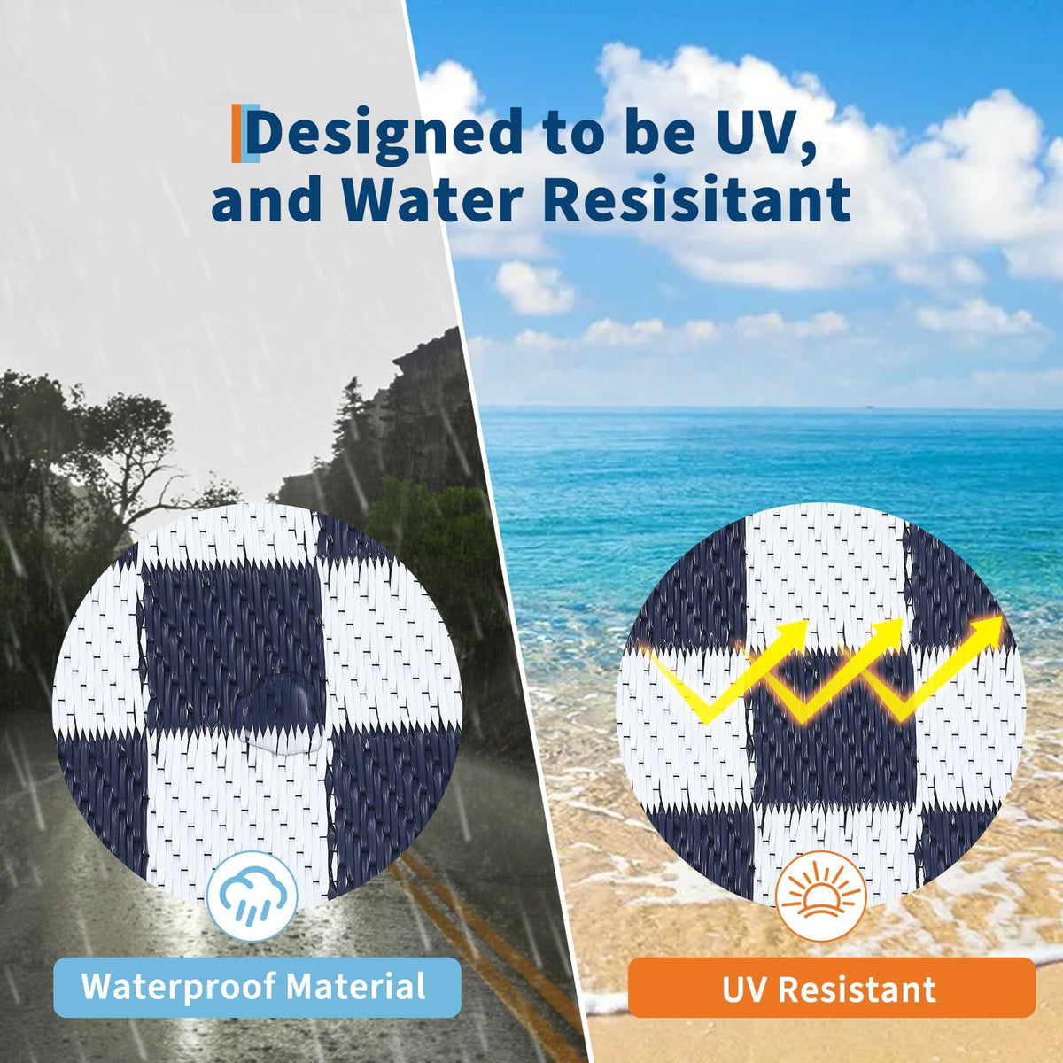 LUXLOOM 9x18 Outdoor Rug Waterproof Large Camping Rugs Reversible Plastic Straw RV Mat, Foldable Fade-Proof & Hose-cleanable Outdoor Carpet with Stakes & Carry Bag for Patio Deck Beach Blue White