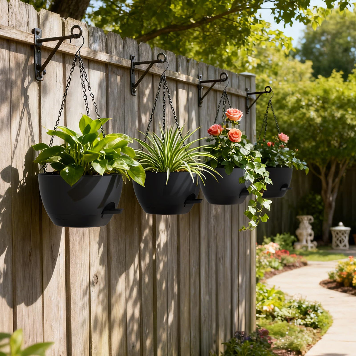 UOUZ 4 Pack 8 Inch Self Watering Hanging Planters for Indoor Outdoor Plants，Hanging Pots for Plants with Drainage Removable Tray, Hanging Baskets Flower Pots for Ivy Pothos Spider Garden Porch Black