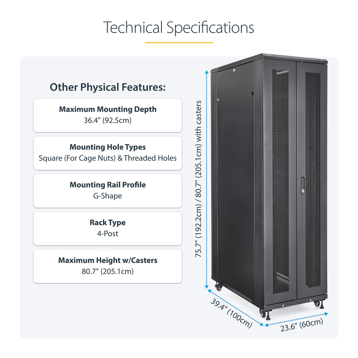 StarTech 42U Enterprise-Grade Server Rack Cabinet, Alloy Steel, 19in Enclosed 4-Post Rack with 36in (91cm) Mounting Depth and 2000lb (900kg) Weight Capacity, Black