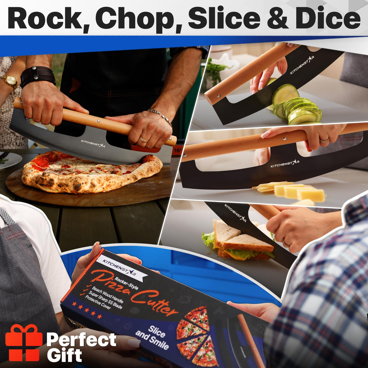 KitchenStar Pizza Cutter Rocker Blade 16" Black + Wooden Pizza Peel 16" + Pizza Stone for Oven and Grill 16" with Handles - Pizza Making Bundle