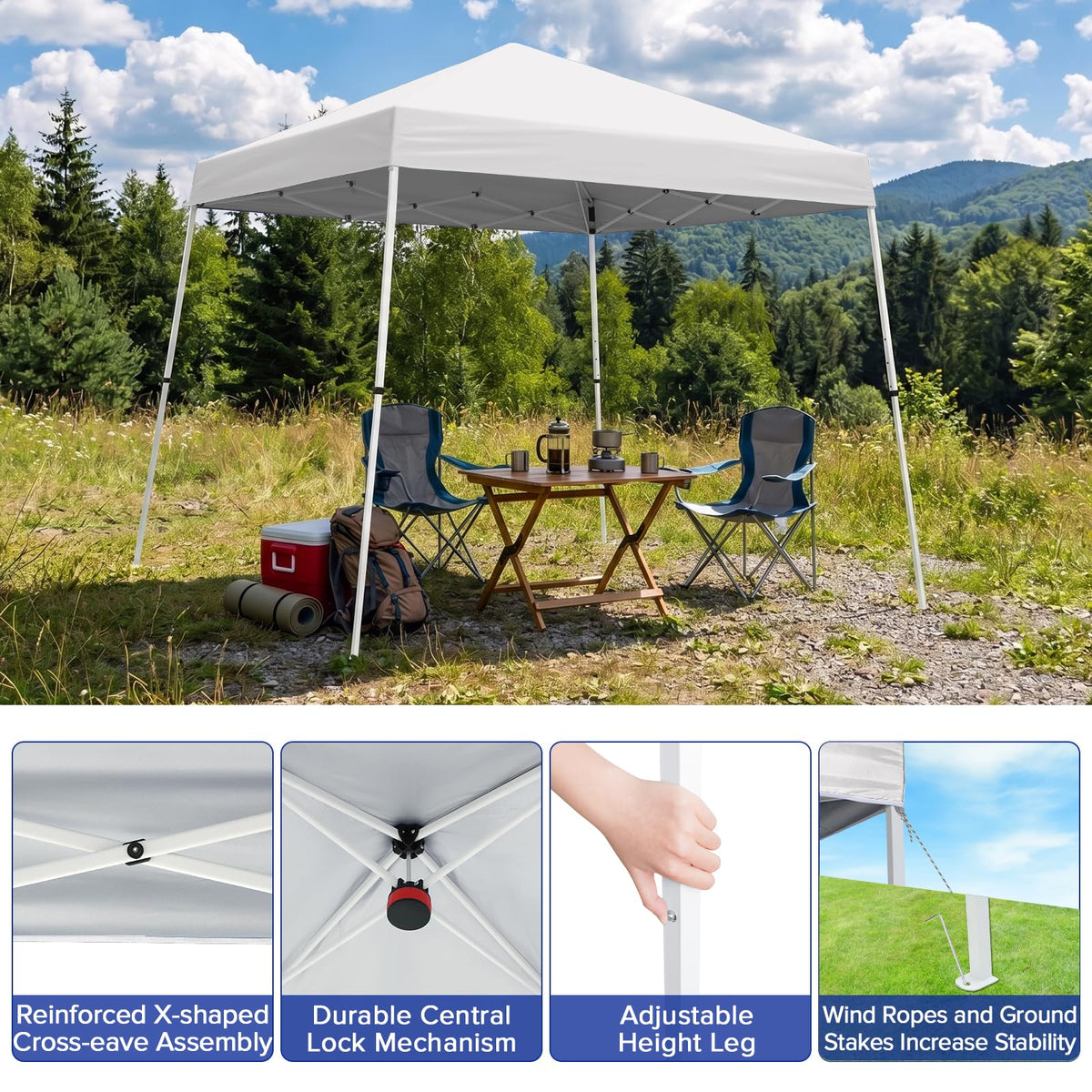 INTER HUT 10x10 Pop Up Canopy Tent with Carry Bag, Slant Leg Instant Shade Shelter for Outdoor Events, Camping, Sports, Parties, White