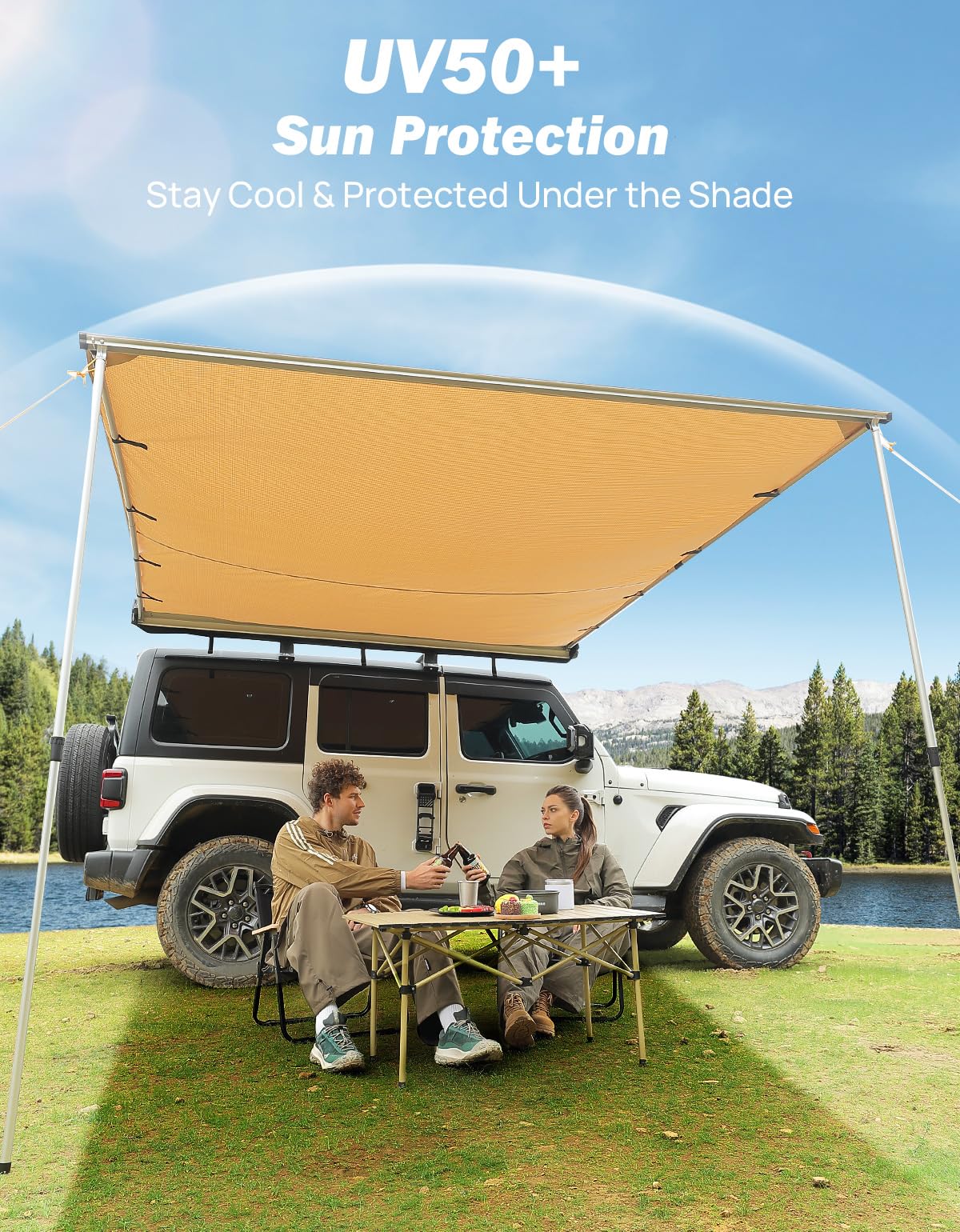 JOYTUTUS Vehicle Awning 6.6'x8.2' Roof Rack Pull-Out Sun Shade UV50+, Weatherproof 4x4 Side Sunshade for Camping, Car Awning with Adjustable Hardware, Quick Set-up, SUV/Truck/Van/Jeep