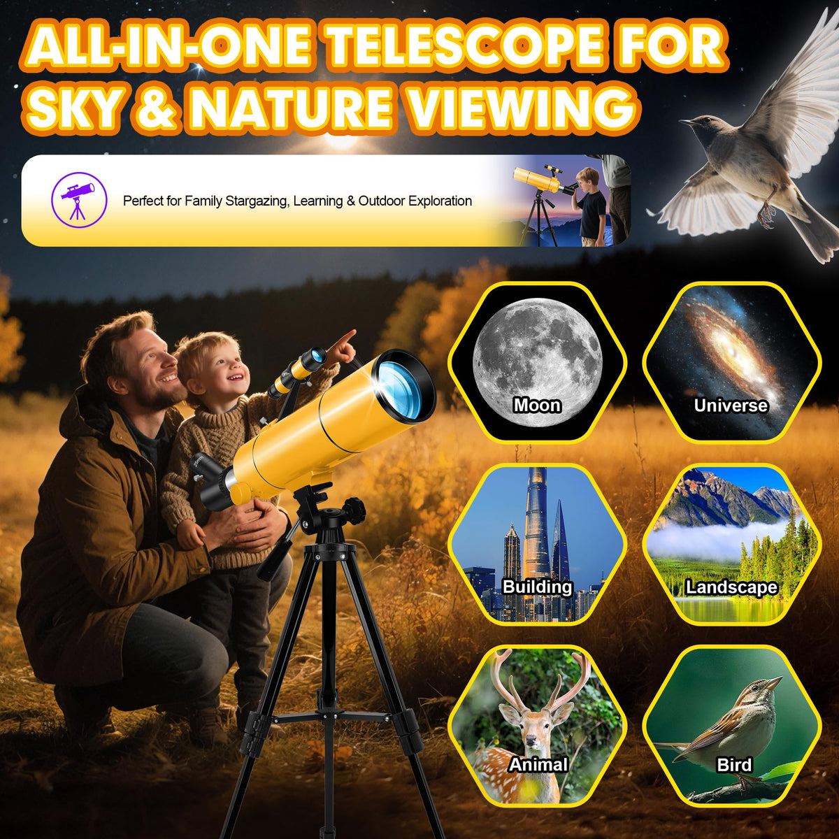 MEEZAA Telescope for Adults & Kids, 80mm Aperture 500mm Portable Refractor Telescope for Astronomy Beginners, Professional Travel Astronomical Telescopes with Tripod, Stickers, Phone Adapter, Backpack