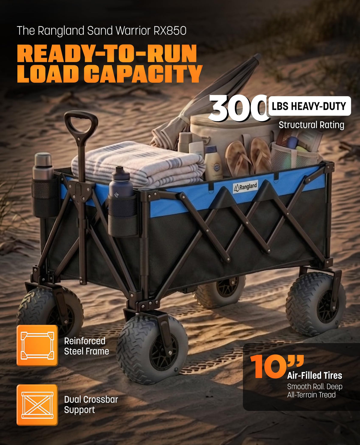 Beach Wagon with Heavy-Duty 10" Air Tires - All Terrain Folding Card with Big Wheels for Sand and Gravel - 300 LB. Capacity (Black/Light Blue)