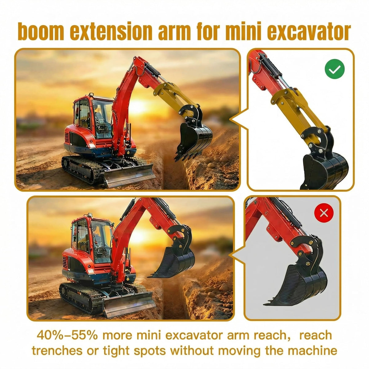 Upgrade 26" Mini Excavator Boom Extension, Arm Extension for 0.8-2 Ton Mini Excavator, 6mm Thickened Bushing-Free Boom with Oil Passage, Quick-Release, Extended Reach, No Deformation and Breaking