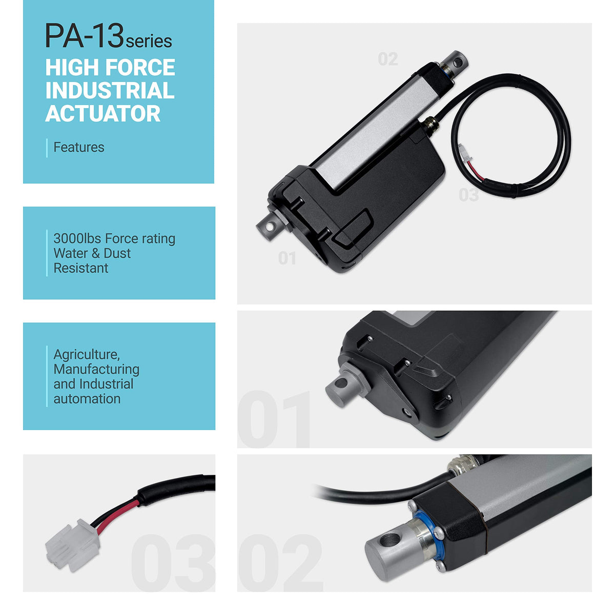 Progressive Automations 12V High Force Linear Electric Actuator - 6 inches, 3000 lbs IP66 Protection for Industrial, Machinery Usage, Brushed DC Electric Motor & Stainless-Steel Stroke, PA-13-6-3000