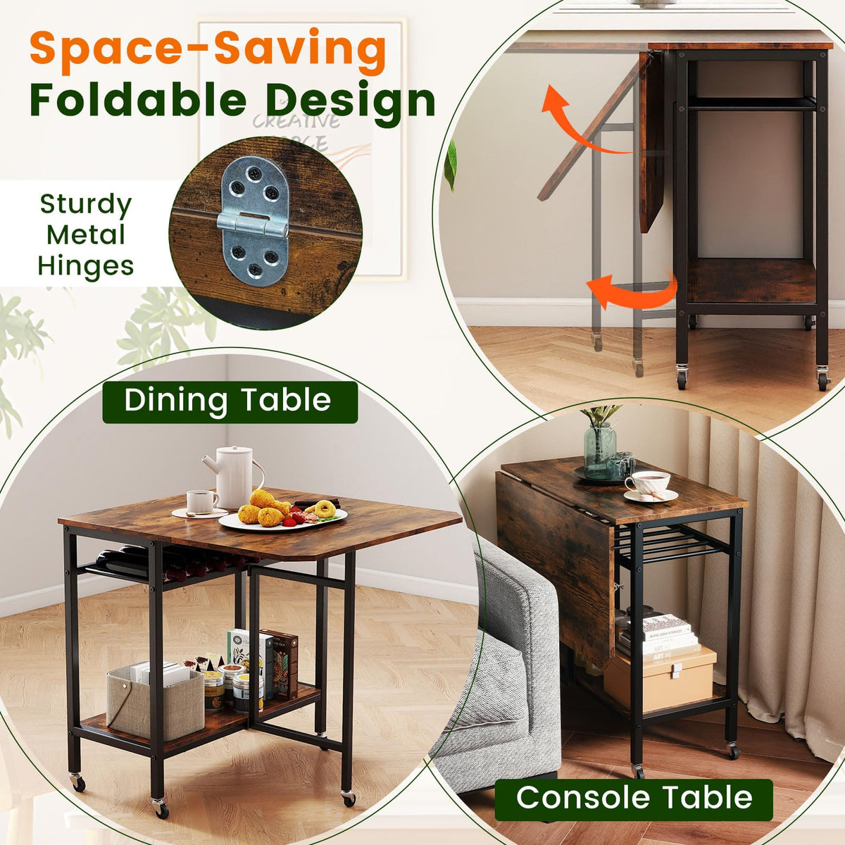 Giantex Folding Dining Table with 5 Wheels, Extendable Bar Tables with Wine Rack and Storage Shelf, Heavy-Duty Metal Frame, Space-Saving Kitchen Table for Small Spaces, Living Room, Apartment, Office