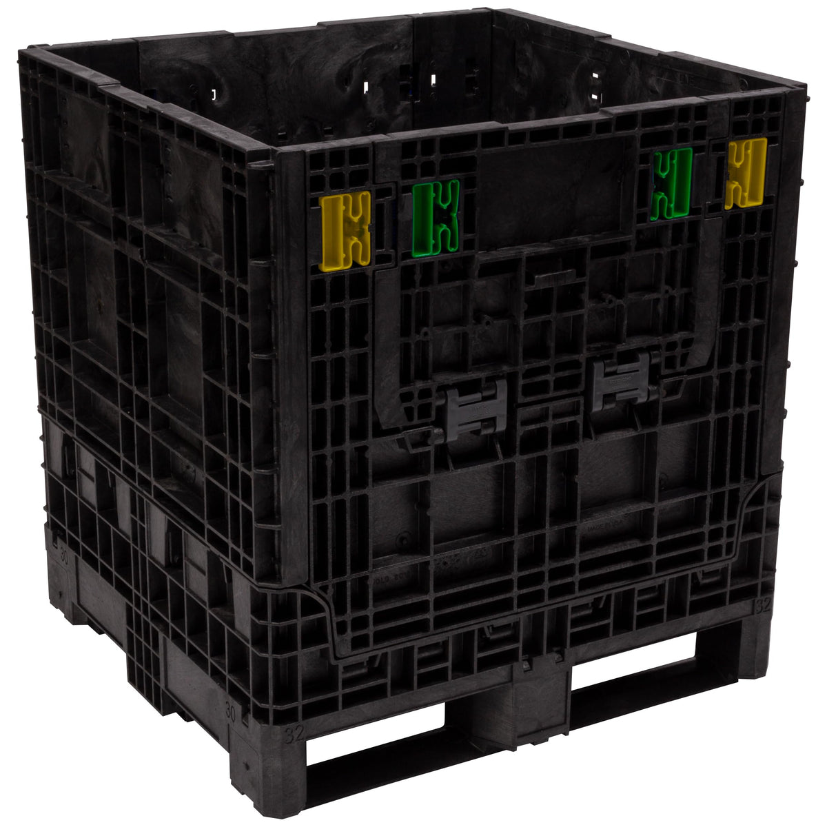 Buckhorn 32" x 30" x 34" Collapsible Bulk Box Container, Standard Duty Plastic Stacking Gaylord Box with 4-Way Forklift Access and 2 Drop Doors, 1700 lb Capacity Storage Tote, Black (BN32303420)