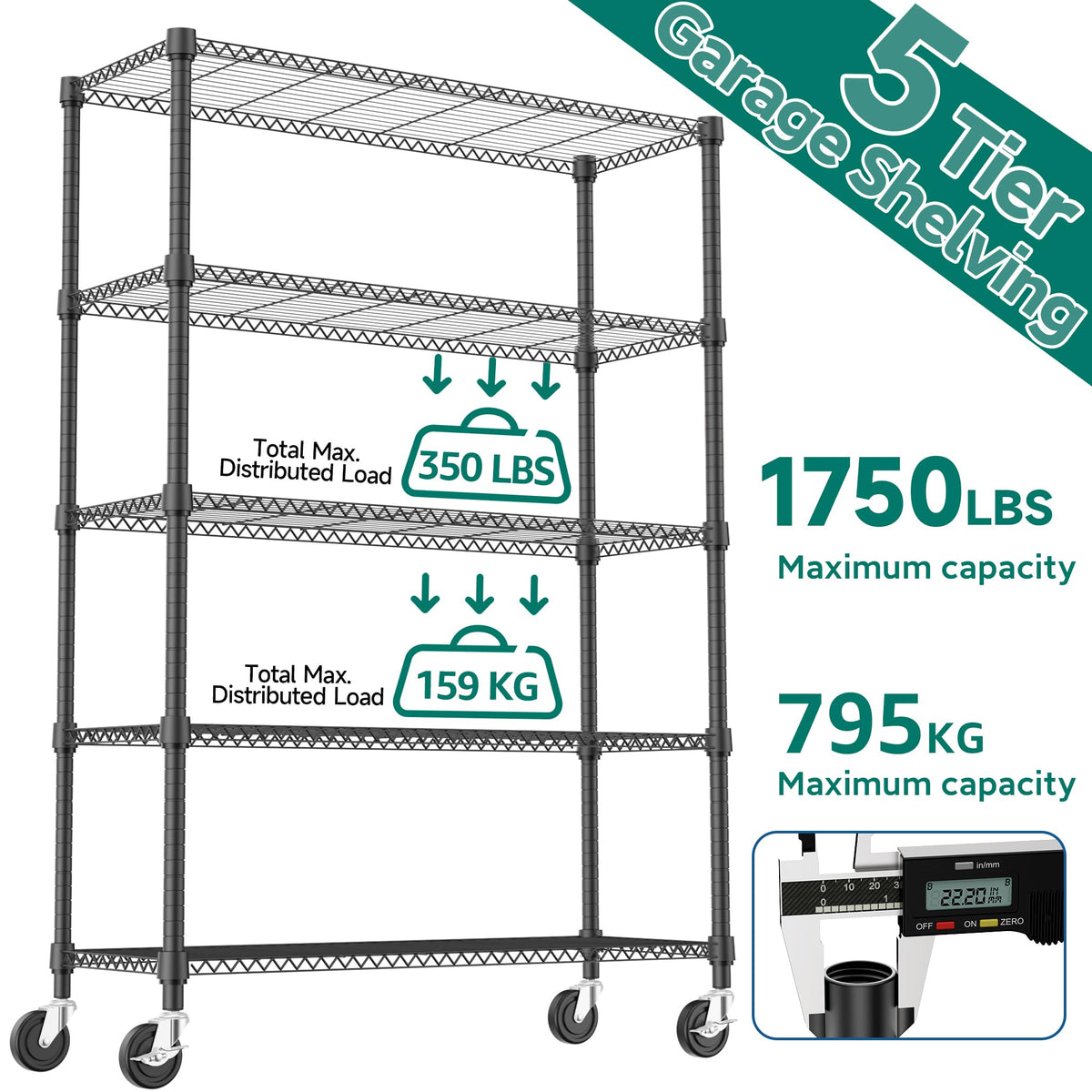 M MZG 1750LBS 47.2" W 5 Tiers Storage Shelves Metal Shelving Unit with Wheels Heavy Duty Garage Shelving Adjustable Wire Shelves for Pantry,Kitchen,Garage,Basement,Black 17.7" D x 47.2" W x 76.8" H