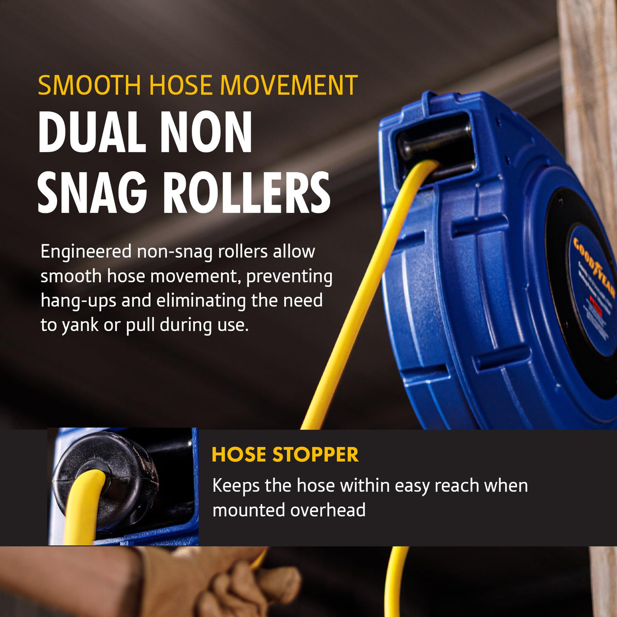 Goodyear Air Hose Reel Retractable 3/8" Inch x 50' Foot Hybrid Polymer Hose Max 300PSI Commerical Polypropylene Construction
