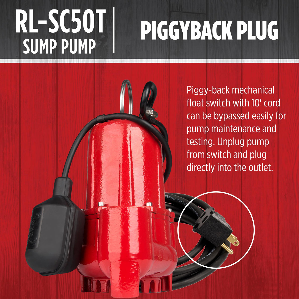 Red Lion RL-SC50T 115-Volt, 1/2 HP, 4300 GPH Cast Iron Sump Pump with Tethered Float Switch, 10-Ft. Cord, Red, 14942746