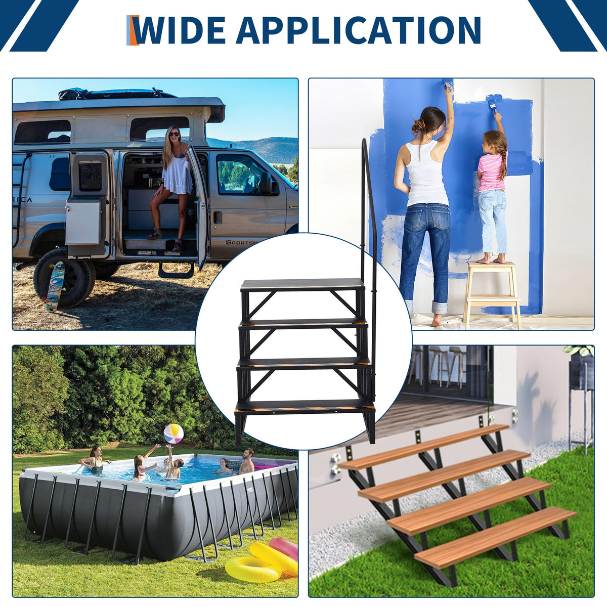 RV Steps with Handrails, 4 Step RV Stairs 660 Lbs Load Capacity,Portable Stairs Steps Steel Travel Trailers Ladder Step Ladder with Anti-Slip Panel, Mobile Home Stairs for Travel Trailers
