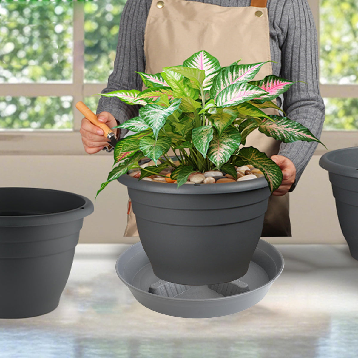 Feyvdzv 4 Pack Plant Saucer 10 inch, 8 12 14 17 inch, Plant Stand Plastic Plant Saucers for Indoors Outdoor, Heavy Duty Flower Plant Risers for Inside Pots, Pot Saucers for Plants, Grow Bags Saucers