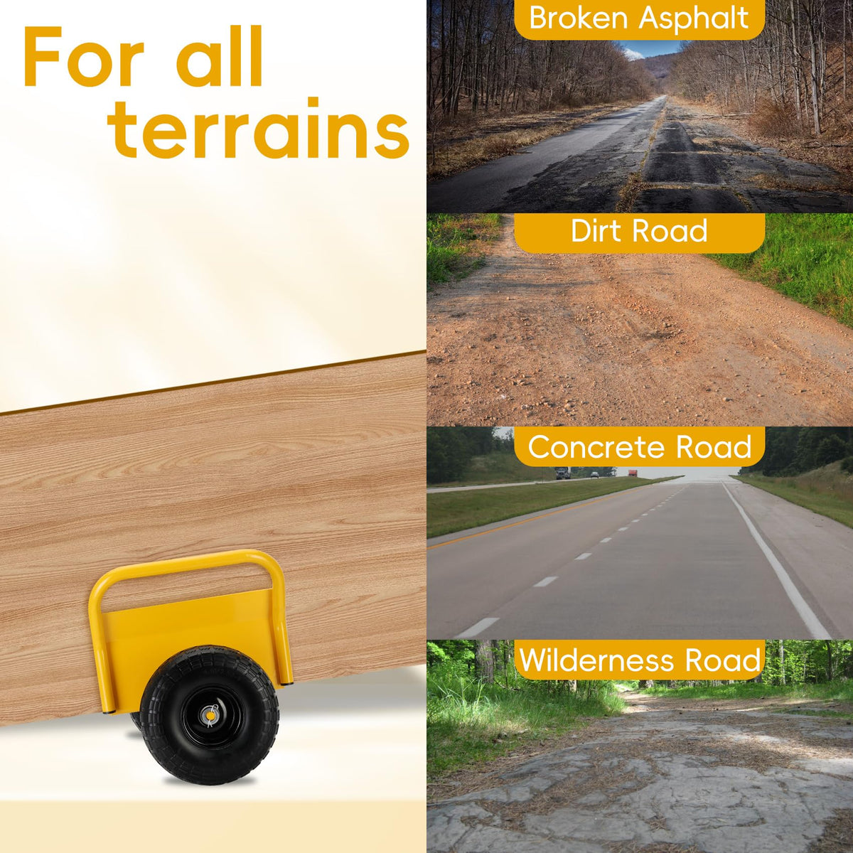 Heavy Duty Panel Dolly Slab Dolly Two Comfortable Handles 10 Inch Solid Rubber Tires Supports Up to 1000 Pounds All Terrain Movement Ideal for Heavy Drywall Sheets and Door Material Transport (Yellow)