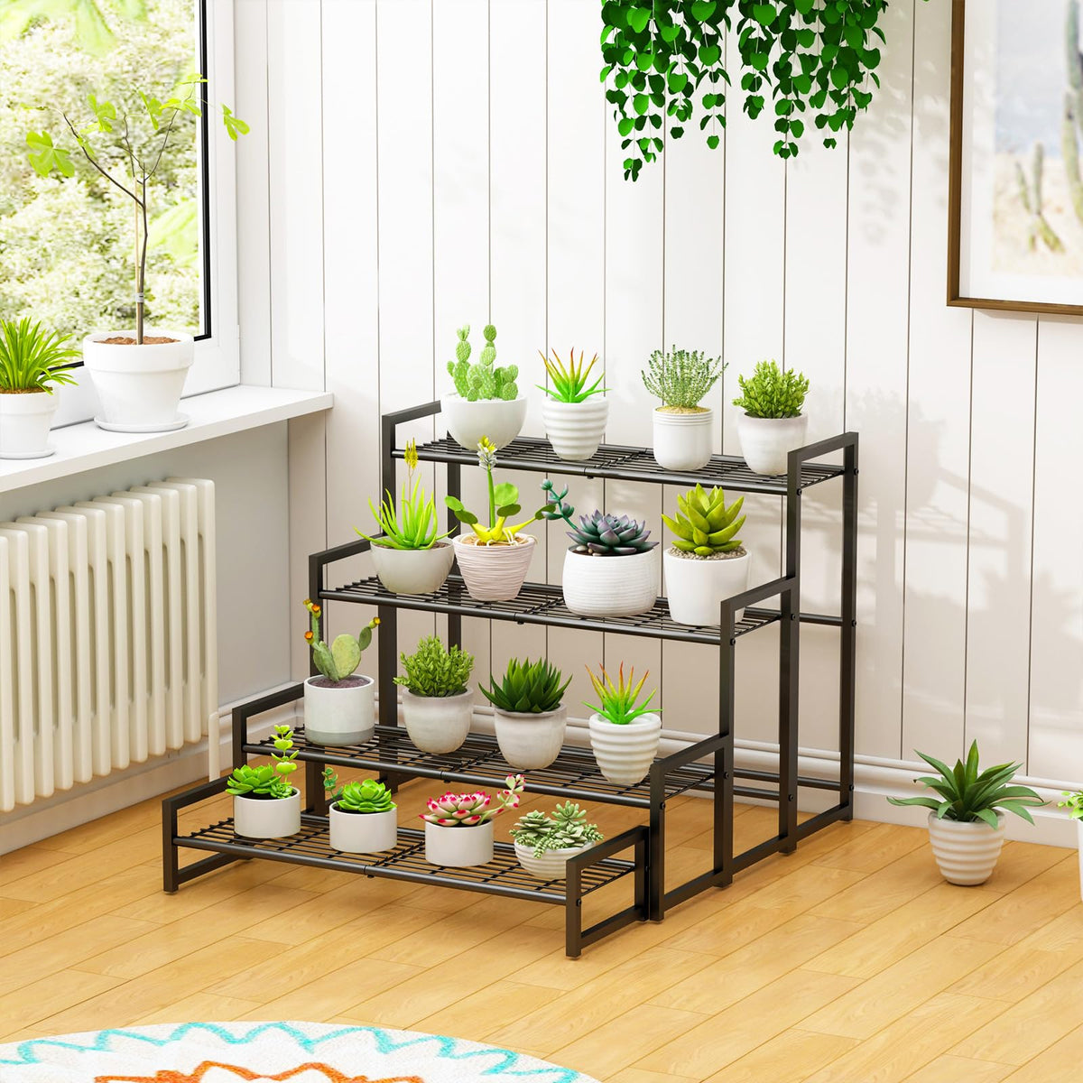 Garden 4 you 4 Tier Stair Style Large Metal Plant Stand Stackable, Garden Display Shelf Flower Pot Holder Storage Organizer Rack for Indoor Home Outdoor Patio Balcony Yard( Black,Rectangle)