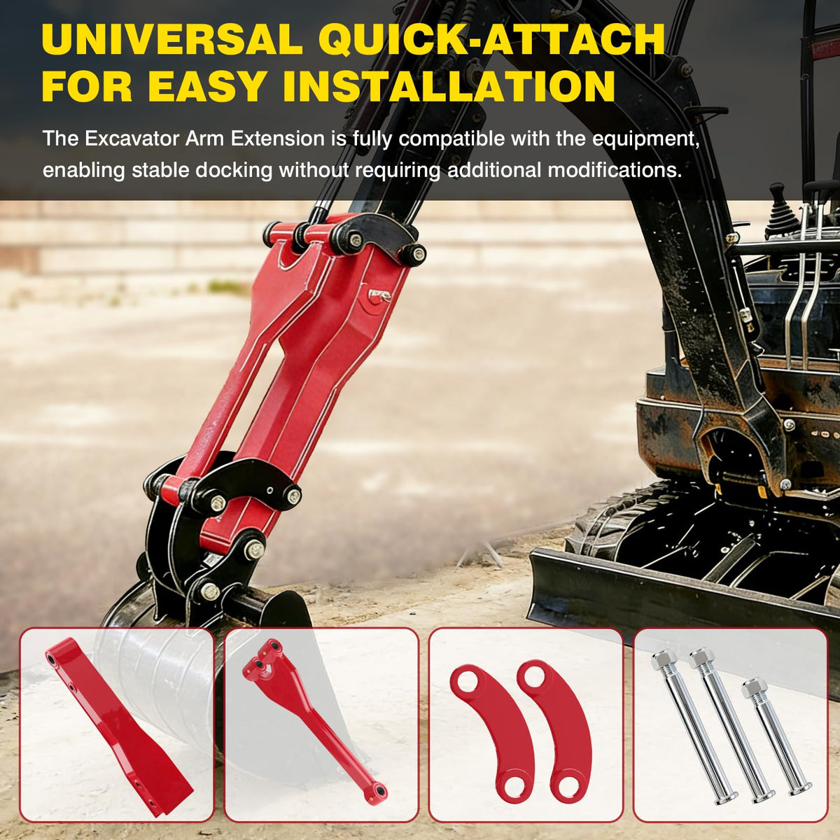 26" Mini Excavator Arm Extension - Heavy-Duty Steel Quick Attach Boom, Fits 1-6 Ton Machines, Extended Reach for Ditch Digging & Trenching, Mini Excavator Accessories