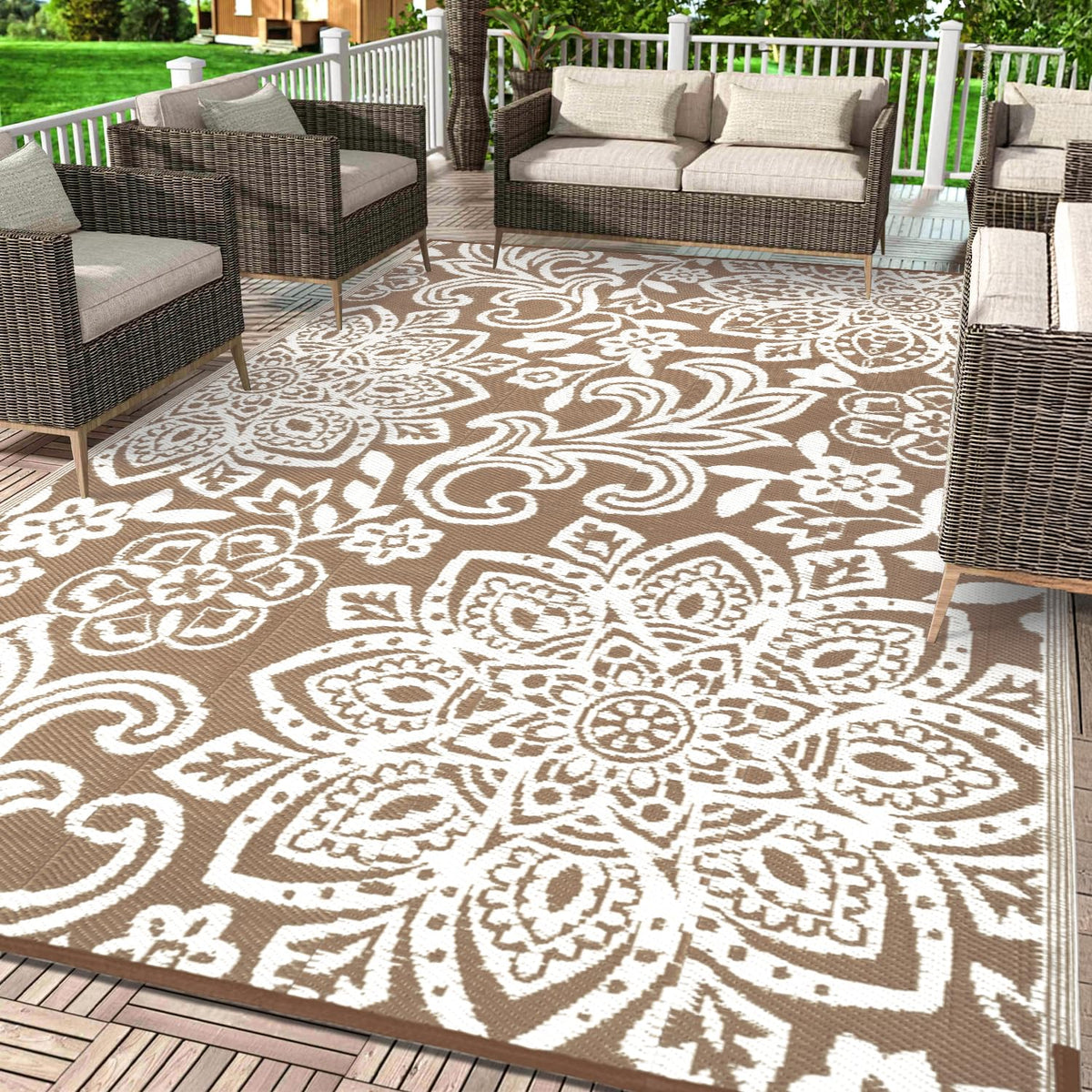 Findosom Waterproof Outdoor Rug 9' x 18' - Reversible Mandala Outdoor Plastic Straw Rug, Durable Foldable Patio Rug for RV, Deck, Balcony, Backyard, Picnic, Porch, Camping, Beach, Brown