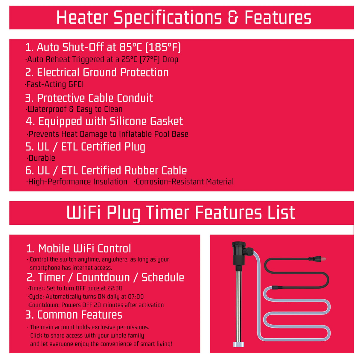 YLboyLIAN 1800W Titanium Immersion Water Heater for Pool & Hot Tub – Portable Electric Submersible Heater with Temp Control, Auto Shut-Off & WiFi Timer for Spa, Bathtub, Inflatable/Above Ground Pool