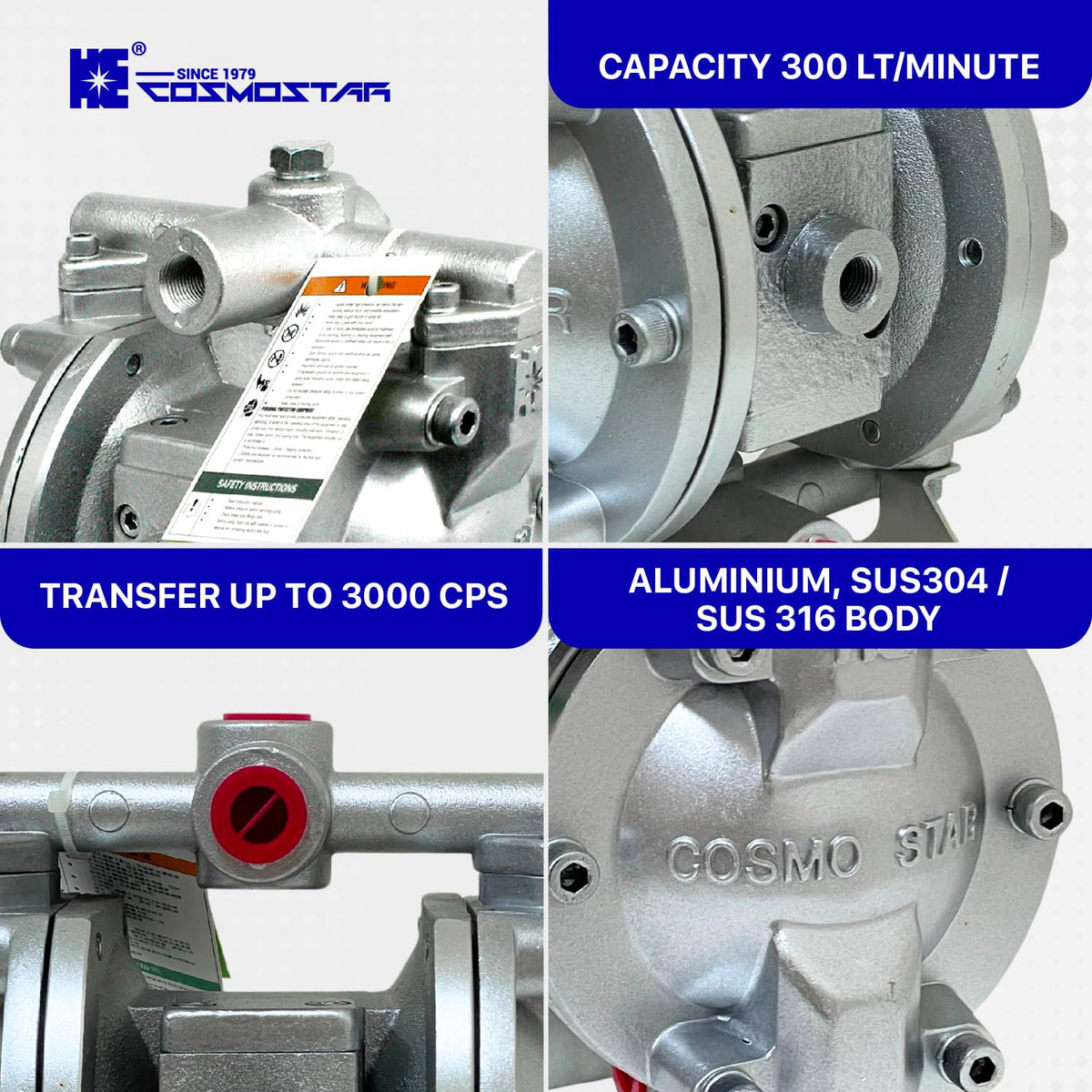 COSMOSTAR D0902 3/8" Double Air Diaphragm Pump, Aluminum Body, Teflon Ball, seat and Diaphragm, Pump Muffler, Pump, Chemical Pump, Waste Oil Pump, Pneumatic Oil Pump, Diaphragm Pumps