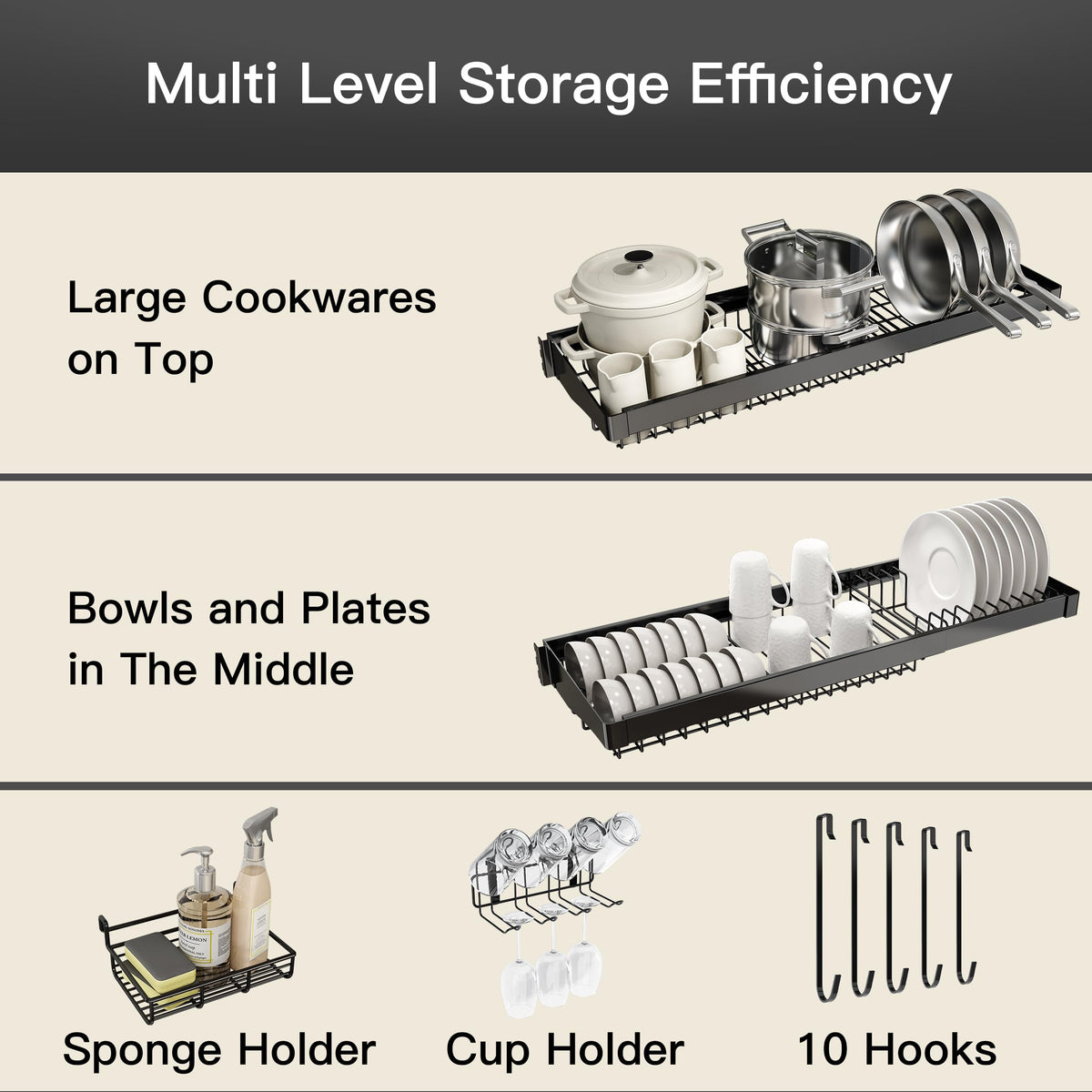 3 Tier Extra Large Stainless Steel Expandable Over The Sink Dish Drainer Drying Rack, Rust Proof Metal, Space Saving, Modern Black Big Capacity Extendable Plate Strainers Above Kitchen Counter