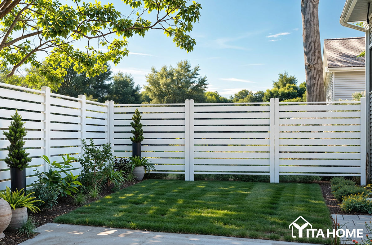 YITAHOME 44" W X 44" H Air Conditioner Fence Privacy Screen, Outdoor Trash Can Enclosure with Metal Stakes, Vinyl Pool Equipment Enclosure (4 Panels, White)