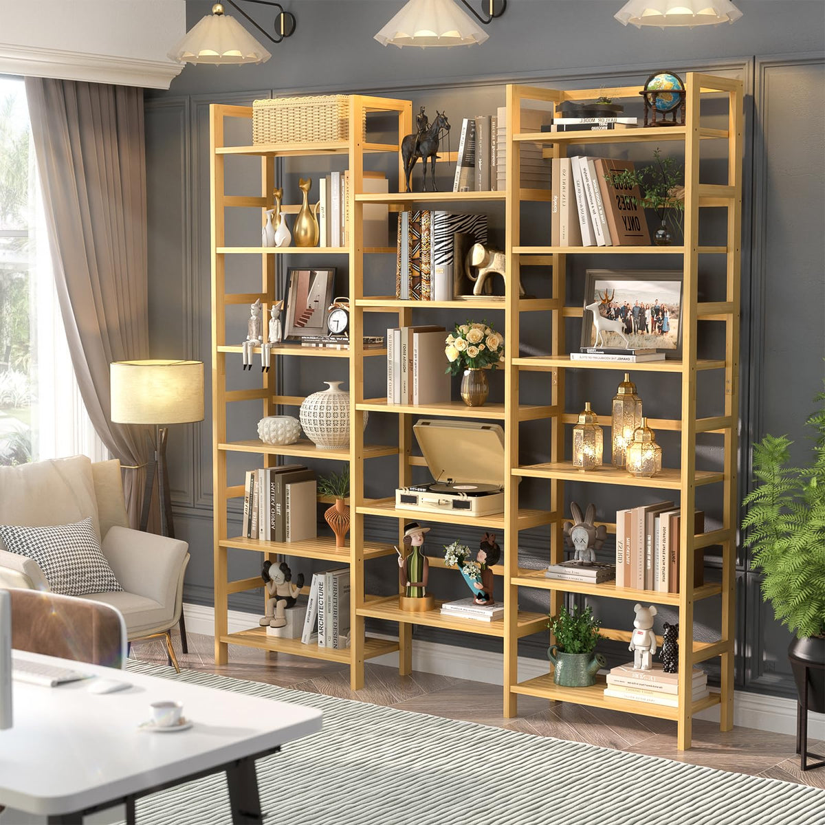 Homykic Bamboo Bookshelf, 71” Tall Triple Wide Bookcase with 17 Open Storage Shelves, 6-Tier Etagere with Back Rails, Large Display Shelf for Books, Plants, Home Office, Living Room, Max Load 748LBS