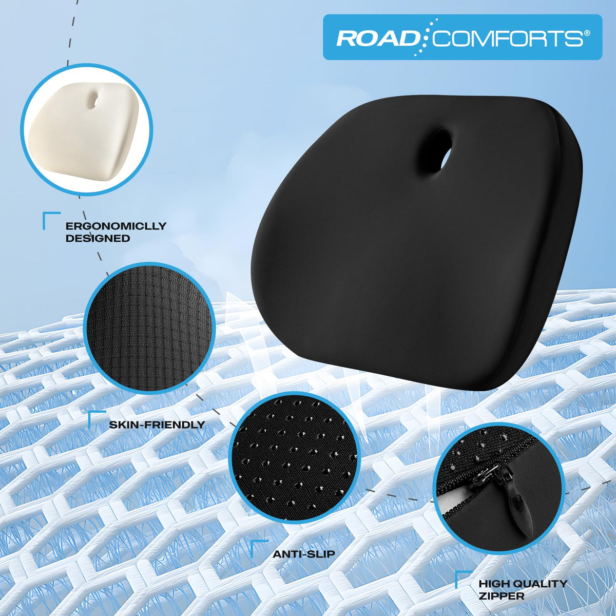 Road Comforts Premium Memory Foam Seat Cushion – Office Chair Cushion, Car Seat Cushion – Chair Cushions for Back & Sciatica Pain Relief – Seat Cushions for Office & Desk (Black)