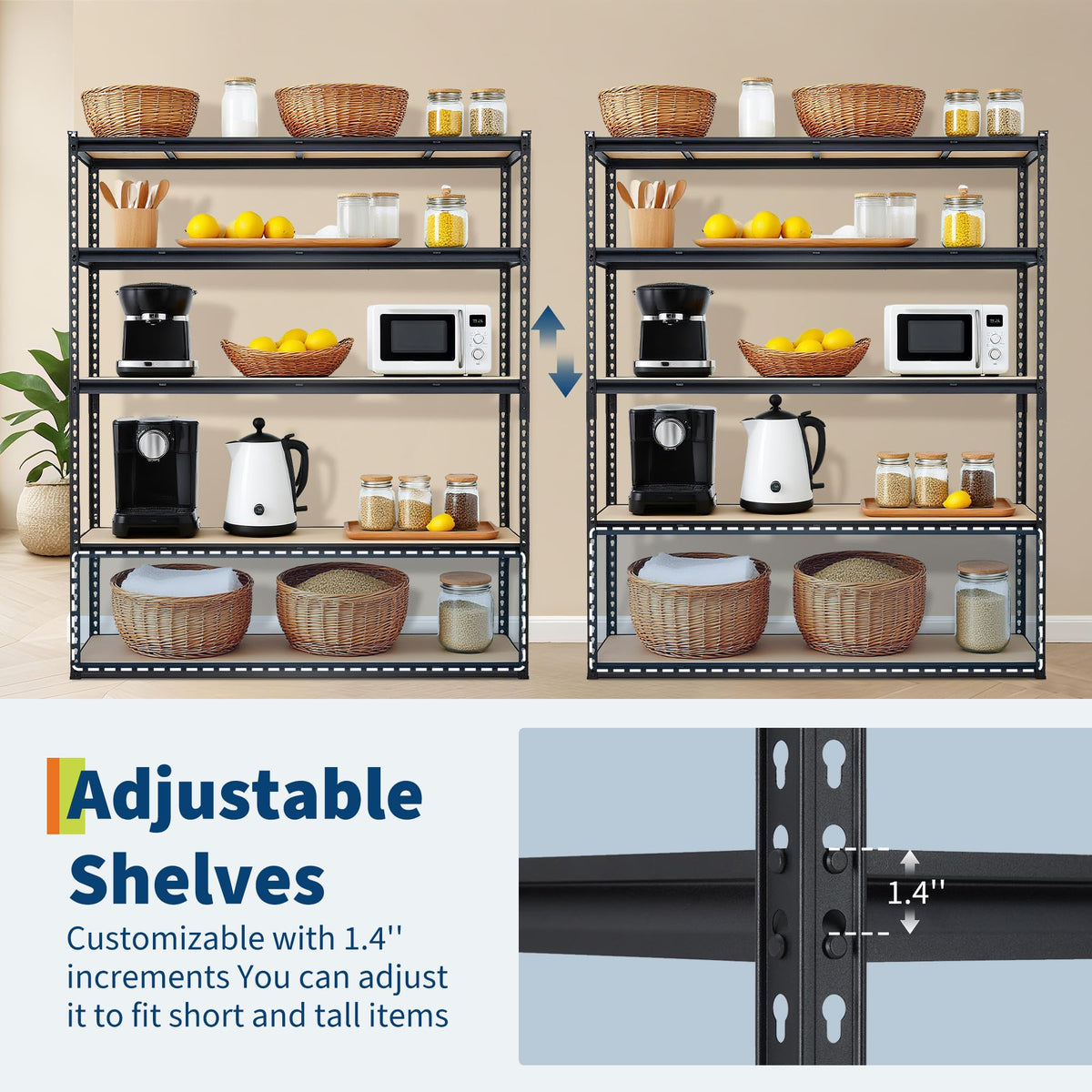 5-Tier Storage Shelving, Adjustable Garage Shelves, Meta Storage Shelving Unit with 3000 LBS Capacity, Steel Wire Rack Shelf Organizer for Garage, Kitchen Pantry Basement, 60 x 24 x 72 inch, Black