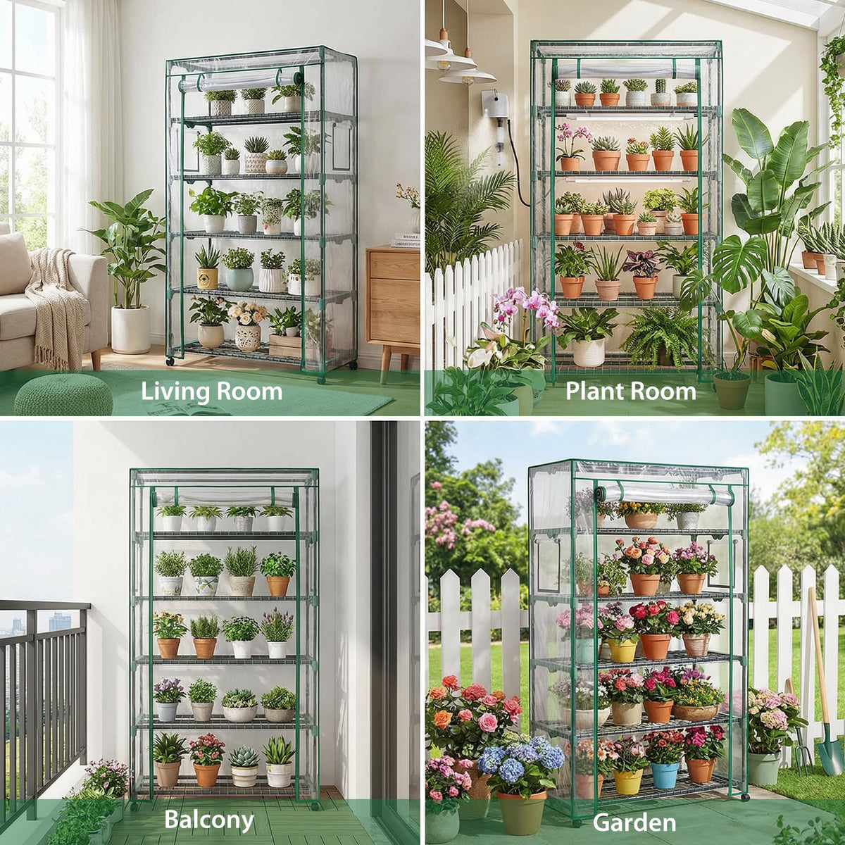 Indoor Greenhouse with Grow Lights & Wheels, 5 Tier Wire Shelf PVC Tent Portable Mini Green House Cabinet Kit for Plant Seed Starting Mushroom Grow