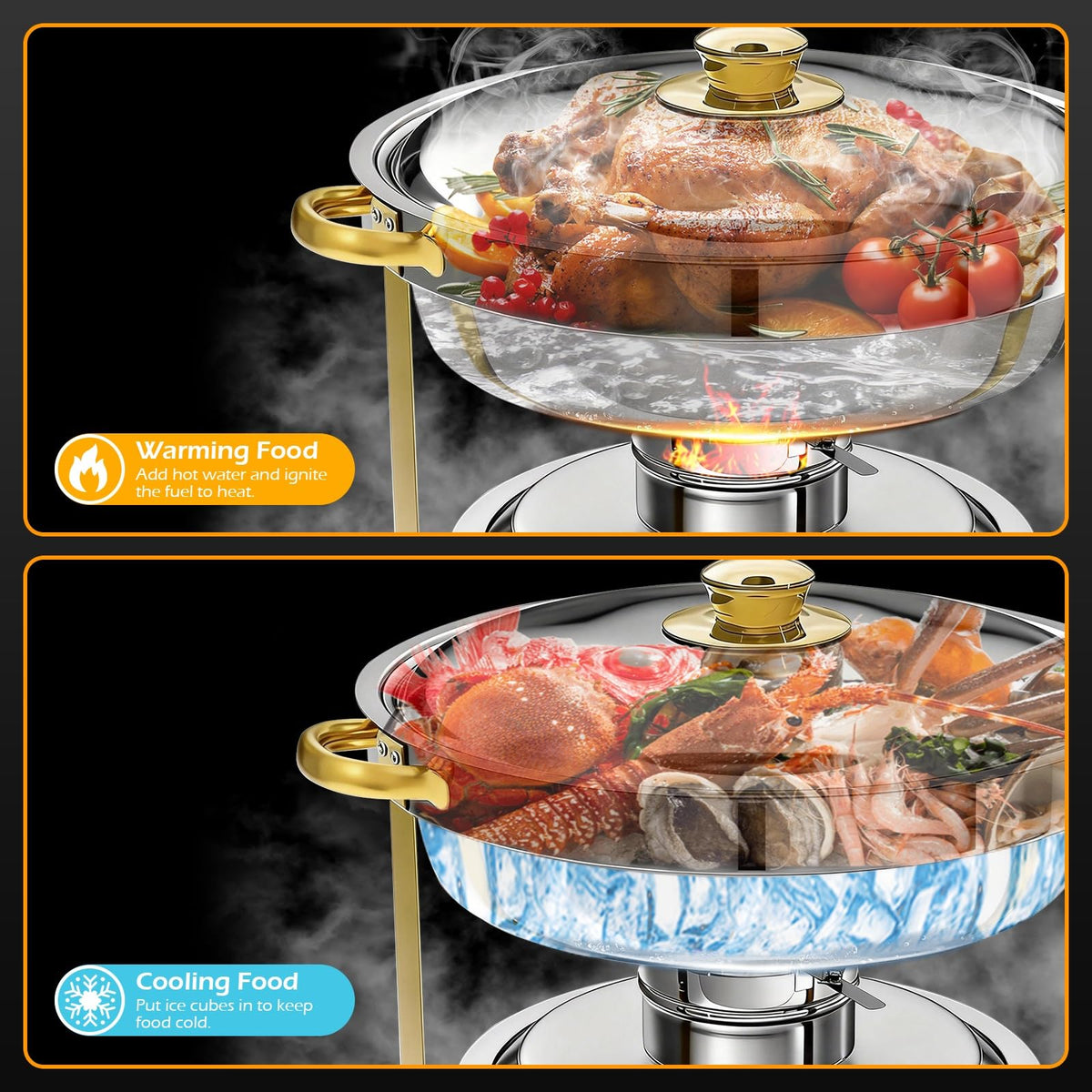 POWERFUEL Chafing Dishes for Buffet, 4 Pack 6QT Round Stainless Steel Chafers Sets with 4 Serving Tongs, Rolled-Edge Food Warmers for Parties, Catering, Weddings, Events Dinners