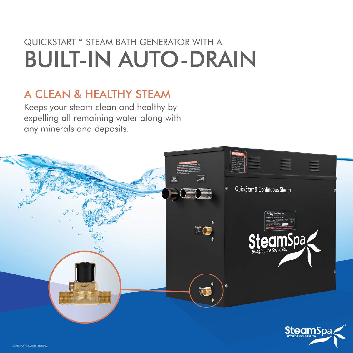 SteamSpa Generator with Quick Start Continuous Steam Technology, Wi-Fi, Bluetooth and Autodrain | 12kW Steam Generator with Gold Steam Head with Aromatherapy Reservoir | RVB1200GD-A