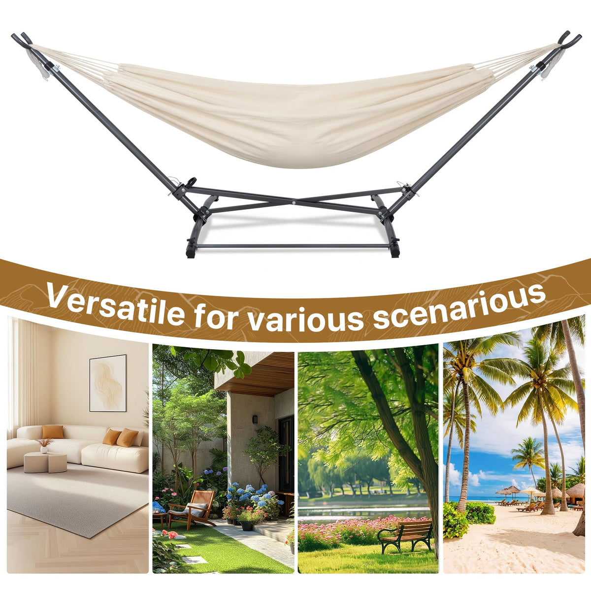 Homgava Portable Hammock with Folding Hammock Stand,Heavy Duty Steel Hammock Stand for Indoor and Outdoor with Carrying Bag,3 Holes for Height Adjustment, 550 LBS Weight Capacity,Off White