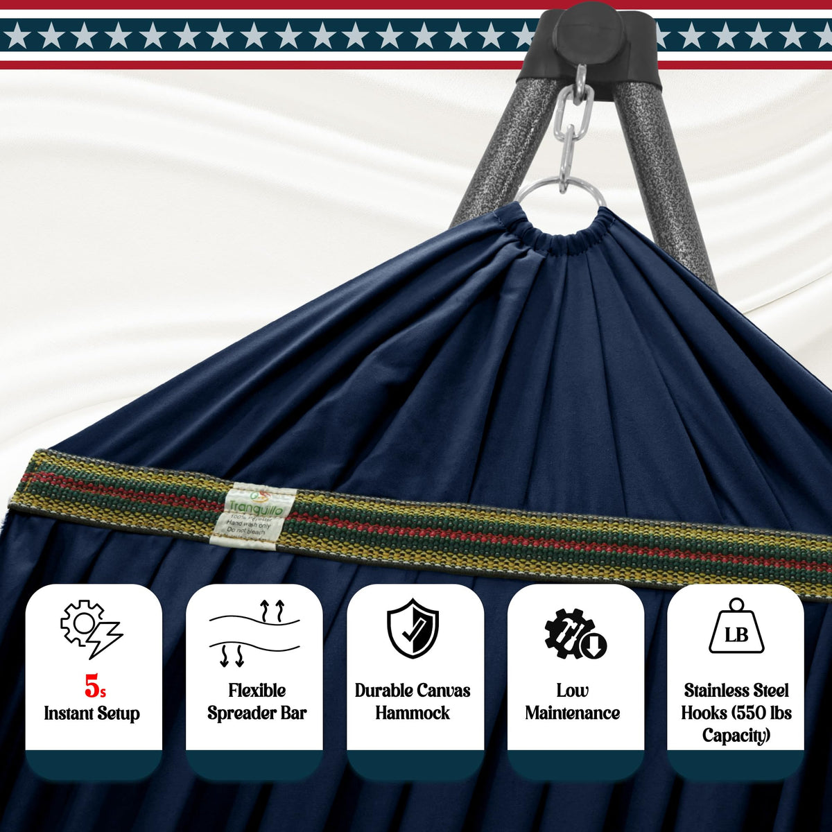 Tranquillo Uniki Hammock with Stand, 550 lbs Capacity – 30-Second Setup, Sturdy Steel Stand, 3-Year Warranty, Tool-Free Assembly, Premium Carry Bag Included, Outdoor & Indoor Hammock, Navy