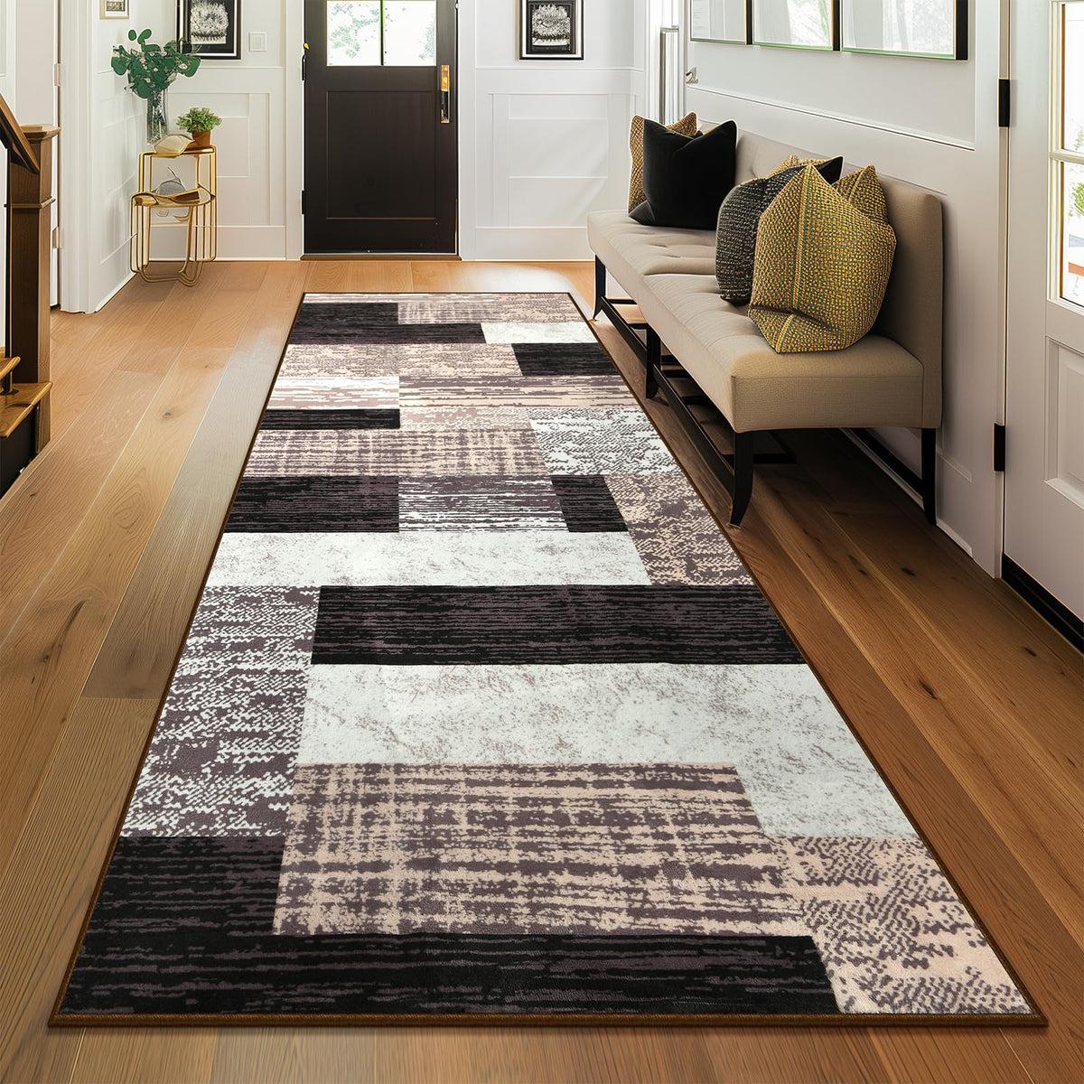 Indoor Runner Rug, Washable Runner Rug with Rubber Backing, Modern Geometric Patchwork Aesthetic Carpet for Bedroom, Living Room, Hallway, Entryway, Washable Rug Rockwood Collection, 2x6 Ft Chocolate