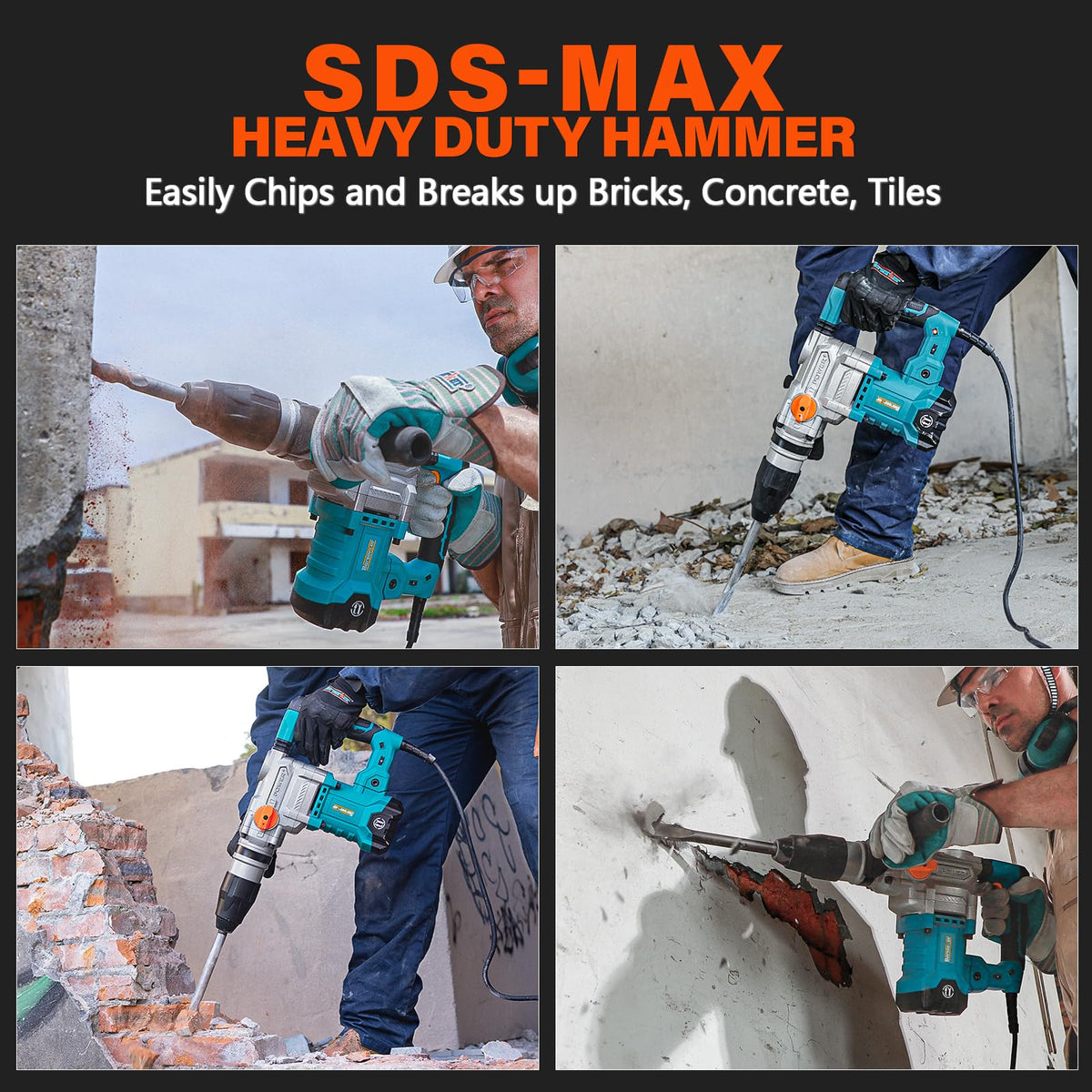 Berserker 1-9/16" SDS-Max Heavy Duty Rotary Hammer Drill with 3 pc. SDS Max Chisel Set with Point Chisel, Flat Chisel & Scaling Chisel, Masonry Concrete Tile Removal Bits