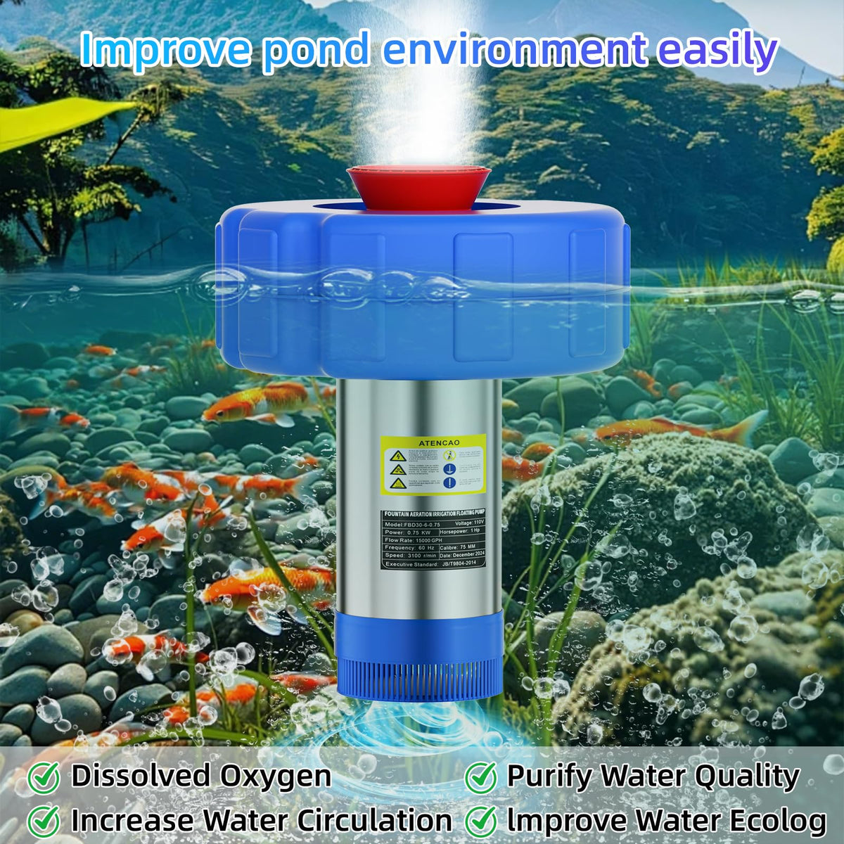 BOFEKTE 15000 GPH Pond Fountain Aerator - Fully Automatic 110V, 750W (1HP) Floating Pumps and Pond Aerator for Large and Small Outdoor Ponds and Lakes - Pountain aerator with 100Ft Power Cord (Silver)
