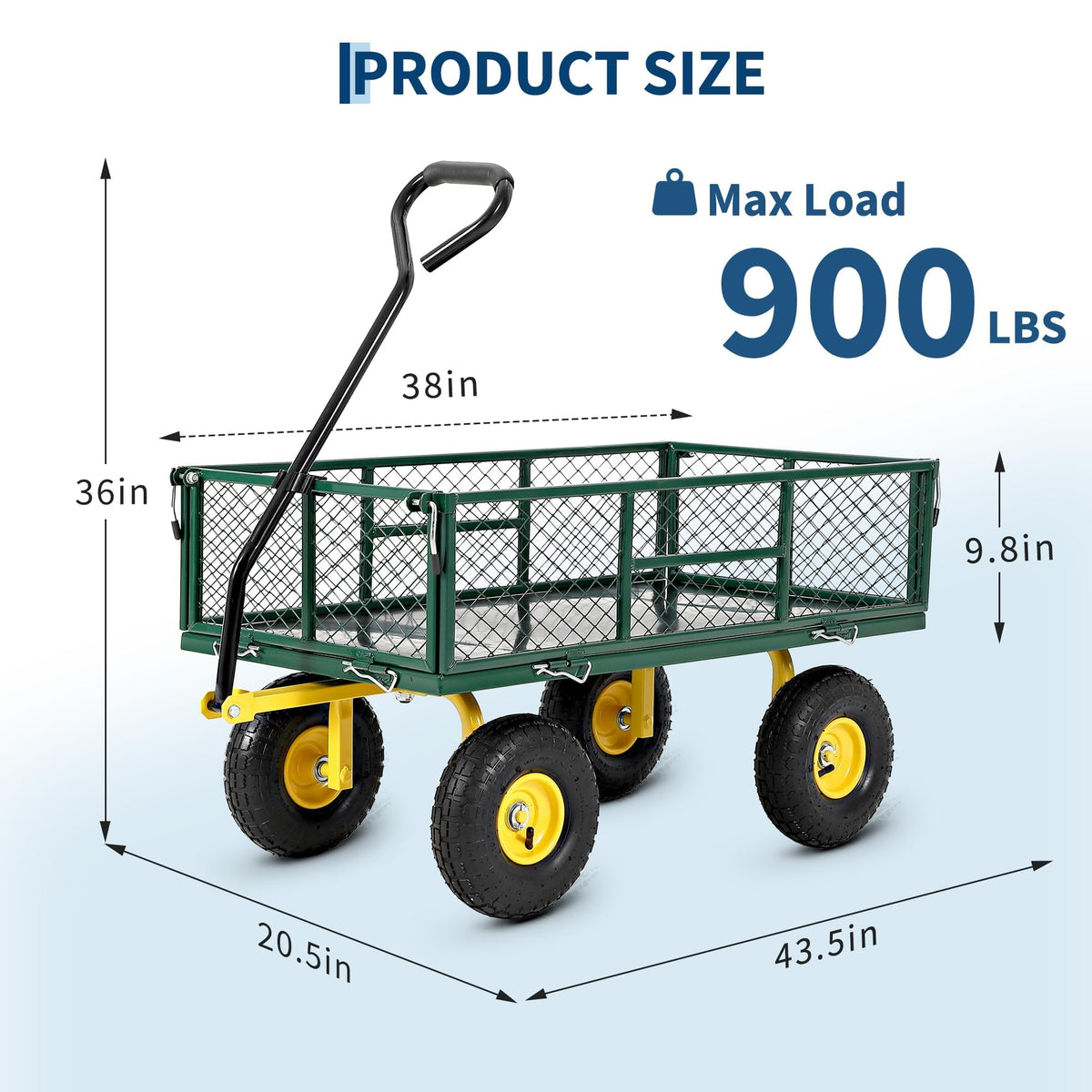 900 Lb Capacity Heavy Duty Steel Garden Cart – 2-in-1 Utility Wagon with Removable Mesh Sides, 10" All-Terrain Tires, Flatbed Conversion, 180° Rotating Handle – Perfect for Lawn, Garden & Backyard